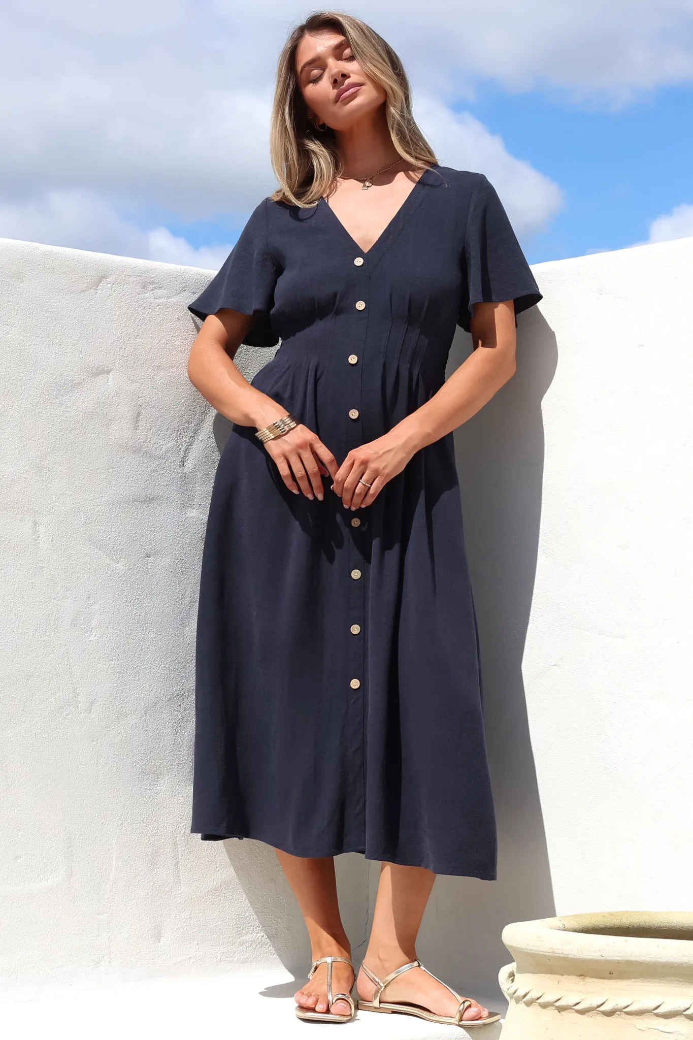 Stellar Midi Dress - Flutter Sleeve A-Line Dress with Pin Tuck Waist Detail in Navy sold by Salty Crush product image thumbnail 2