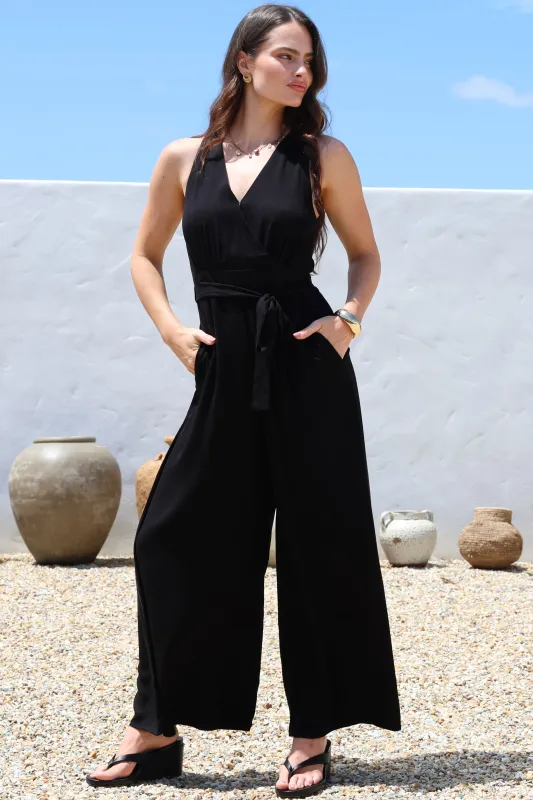 Lira Jumpsuit - V-Neck Wide Leg Pant Jumpsuit with Belt in Black sold by Salty Crush