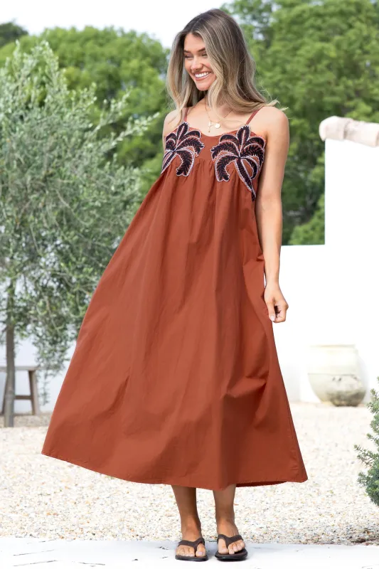 Alice Maxi Dress - Embroidered Sun Dress with Adjustable Straps in Cinnamon sold by Salty Crush