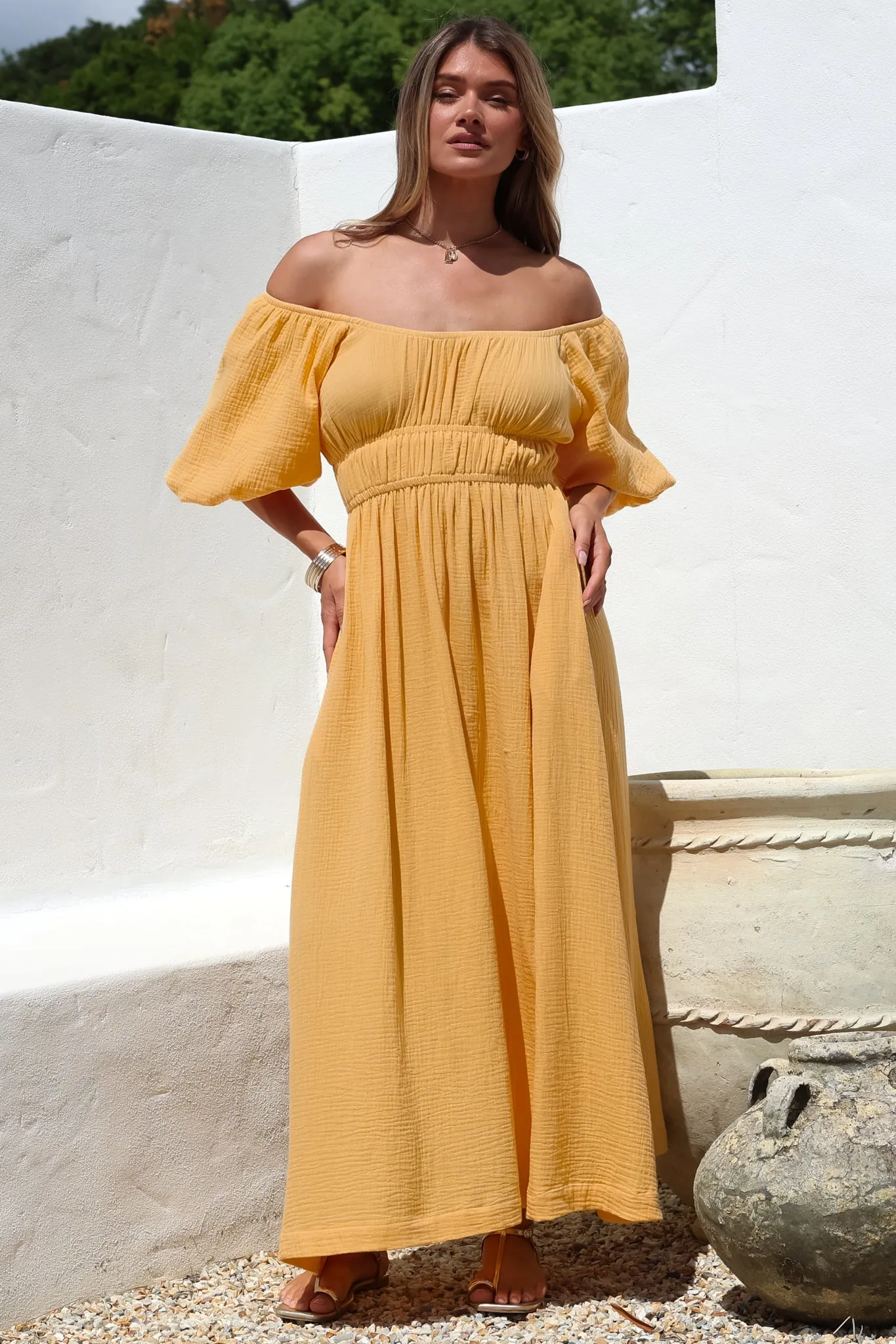 Teddie Maxi Dress - On or Off Shoulder Gathered Waist A-Line Dress in Mustard sold by Salty Crush product image thumbnail 4