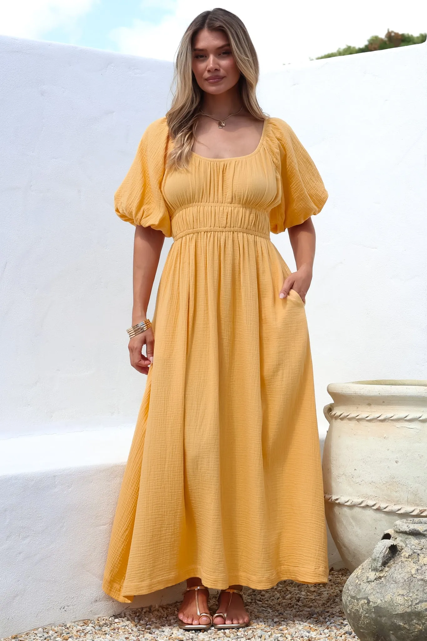 Teddie Maxi Dress - On or Off Shoulder Gathered Waist A-Line Dress in Mustard sold by Salty Crush product image thumbnail 2