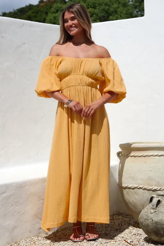 Teddie Maxi Dress - On or Off Shoulder Gathered Waist A-Line Dress in Mustard made by Salty Crush