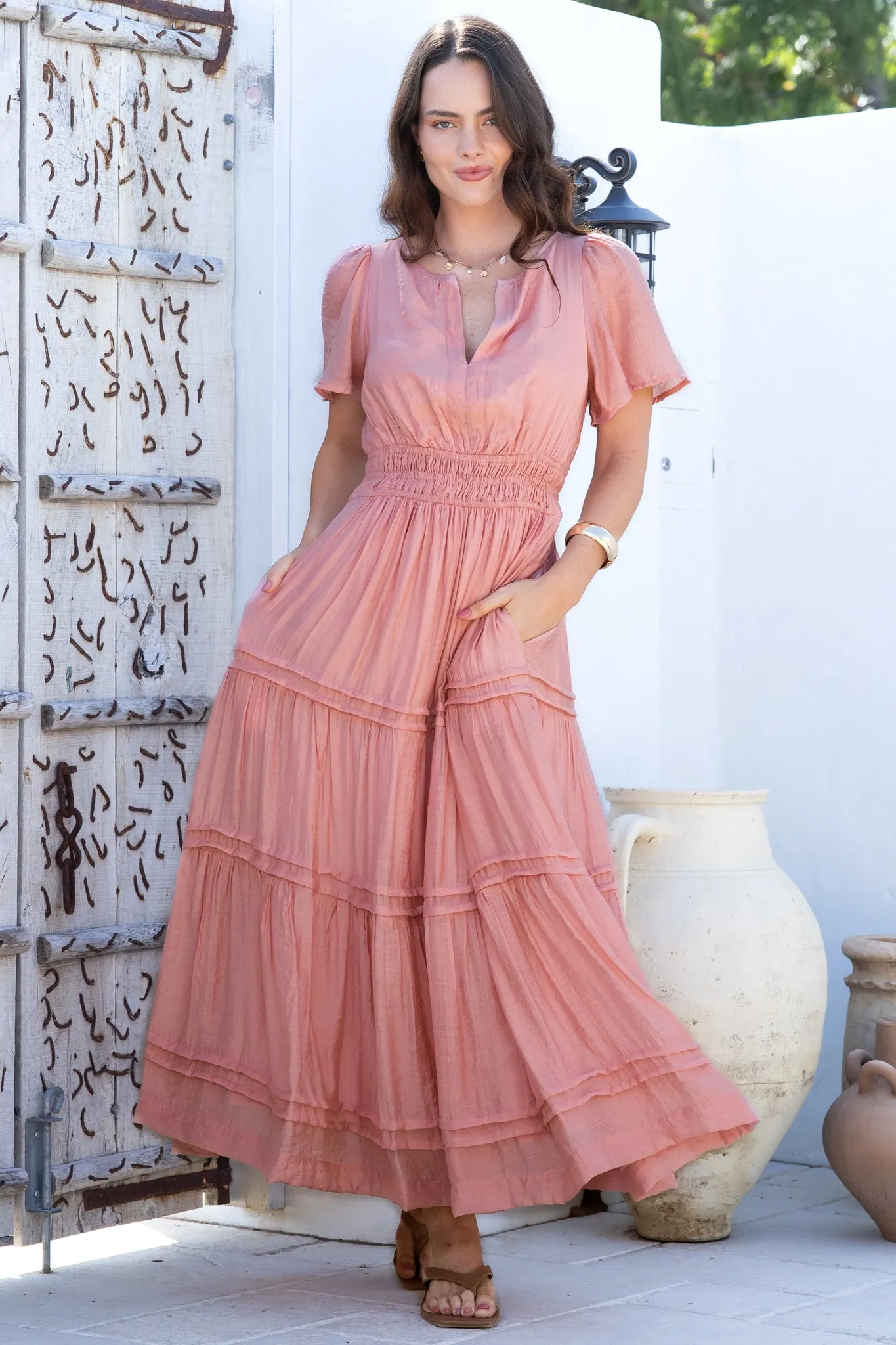 Payton Maxi Dress - Pleat Detailed A-Line Dress with Cap Flutter Sleeves in Blush sold by Salty Crush product image thumbnail 2