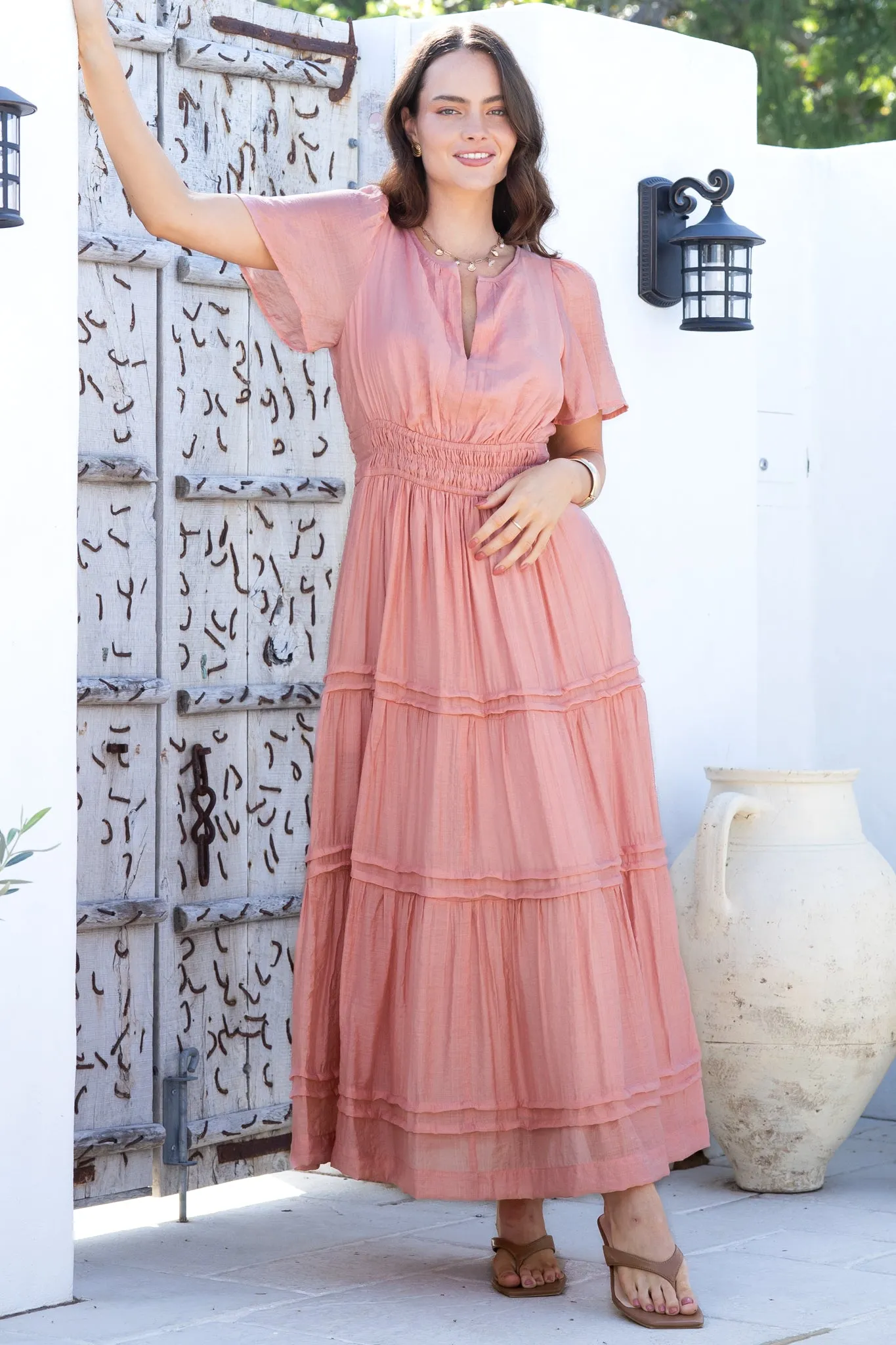 Payton Maxi Dress - Pleat Detailed A-Line Dress with Cap Flutter Sleeves in Blush sold by Salty Crush