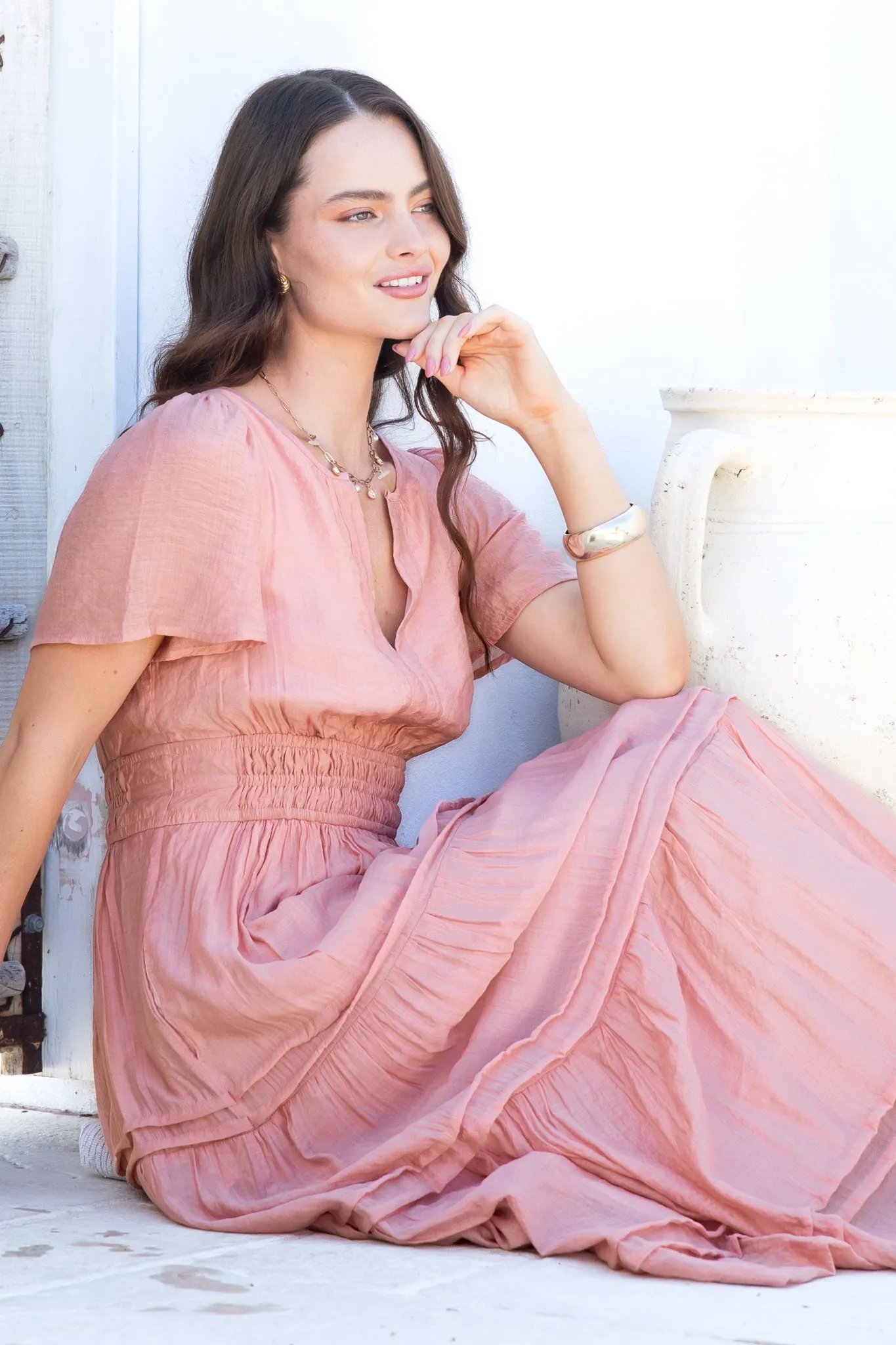 Payton Maxi Dress - Pleat Detailed A-Line Dress with Cap Flutter Sleeves in Blush sold by Salty Crush product image thumbnail 3