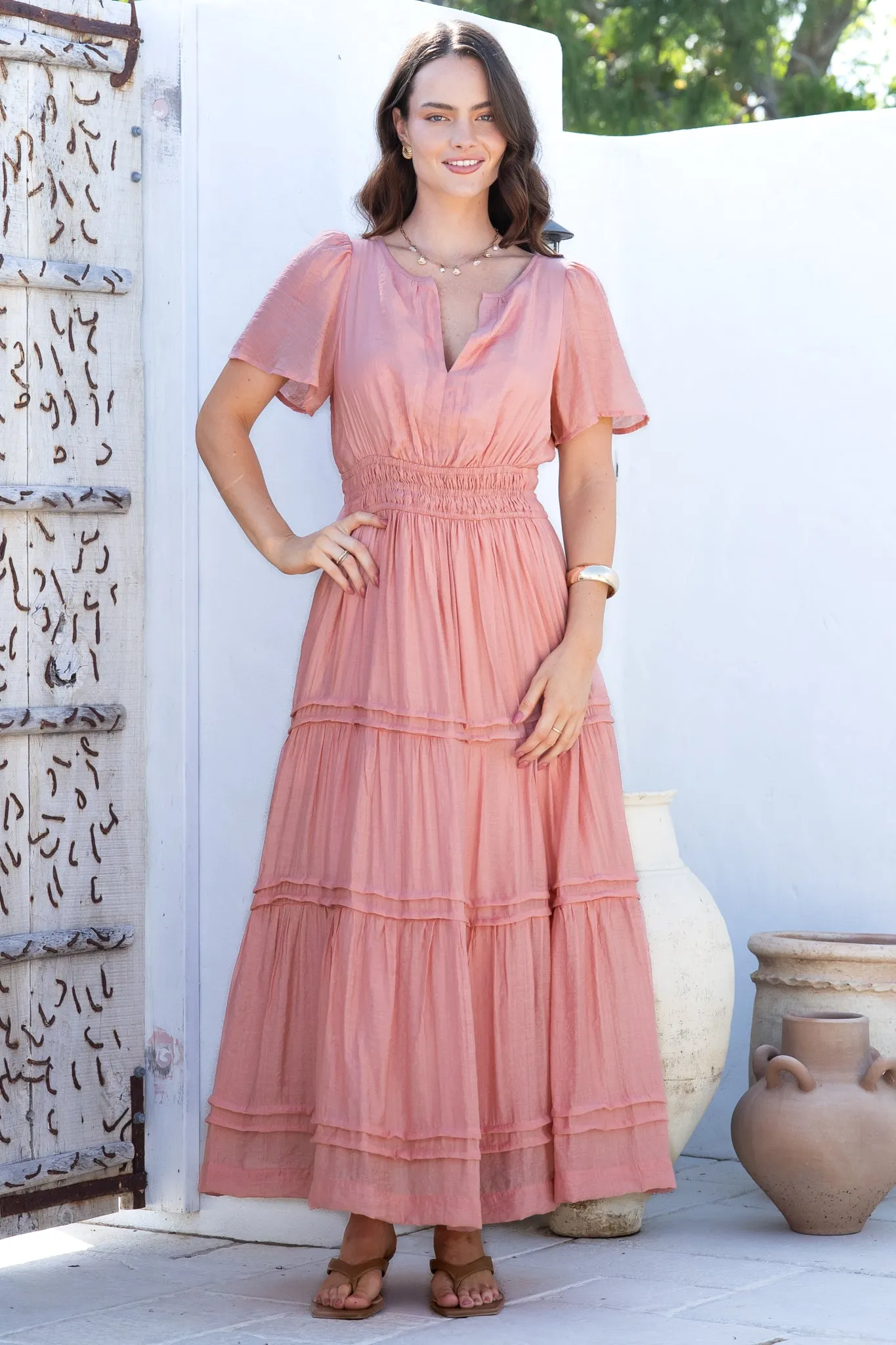Payton Maxi Dress - Pleat Detailed A-Line Dress with Cap Flutter Sleeves in Blush sold by Salty Crush product image thumbnail 4