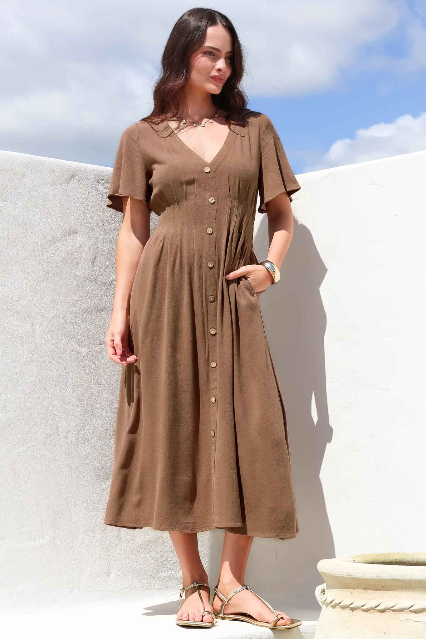 Stellar Midi Dress - Flutter Sleeve A-Line Dress with Pin Tuck Waist Detail in Chocolate sold by Salty Crush product image thumbnail 5