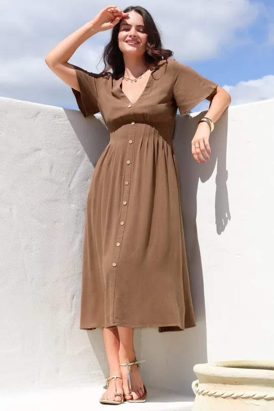 Stellar Midi Dress - Flutter Sleeve A-Line Dress with Pin Tuck Waist Detail in Chocolate sold by Salty Crush