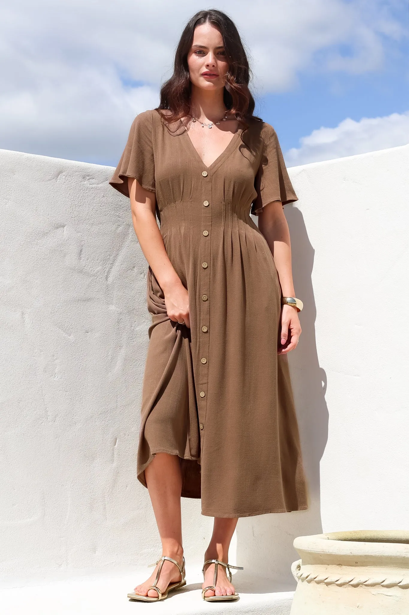 Stellar Midi Dress - Flutter Sleeve A-Line Dress with Pin Tuck Waist Detail in Chocolate sold by Salty Crush product image thumbnail 2