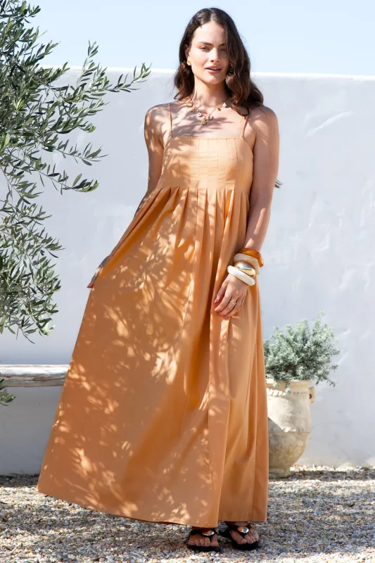Hepburn Midi Dress - Adjustable Strap Pleated Bodice Sun Dress in Peach sold by Salty Crush