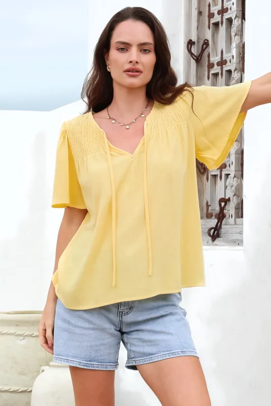 Kendra Top- V Neck Short Sleeve Top with Necktie in Lemon sold by Salty Crush