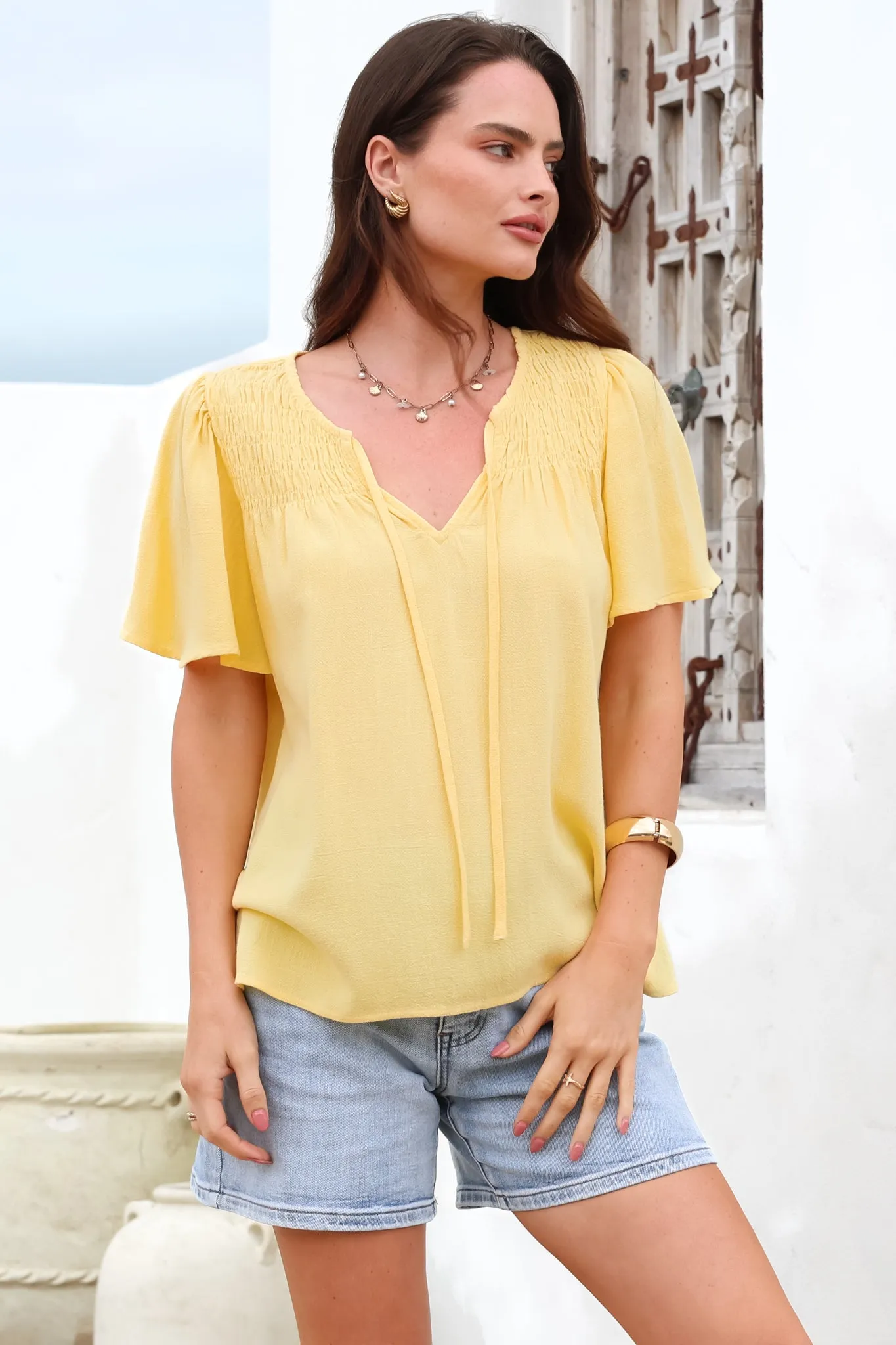 Kendra Top- V Neck Short Sleeve Top with Necktie in Lemon sold by Salty Crush product image thumbnail 3