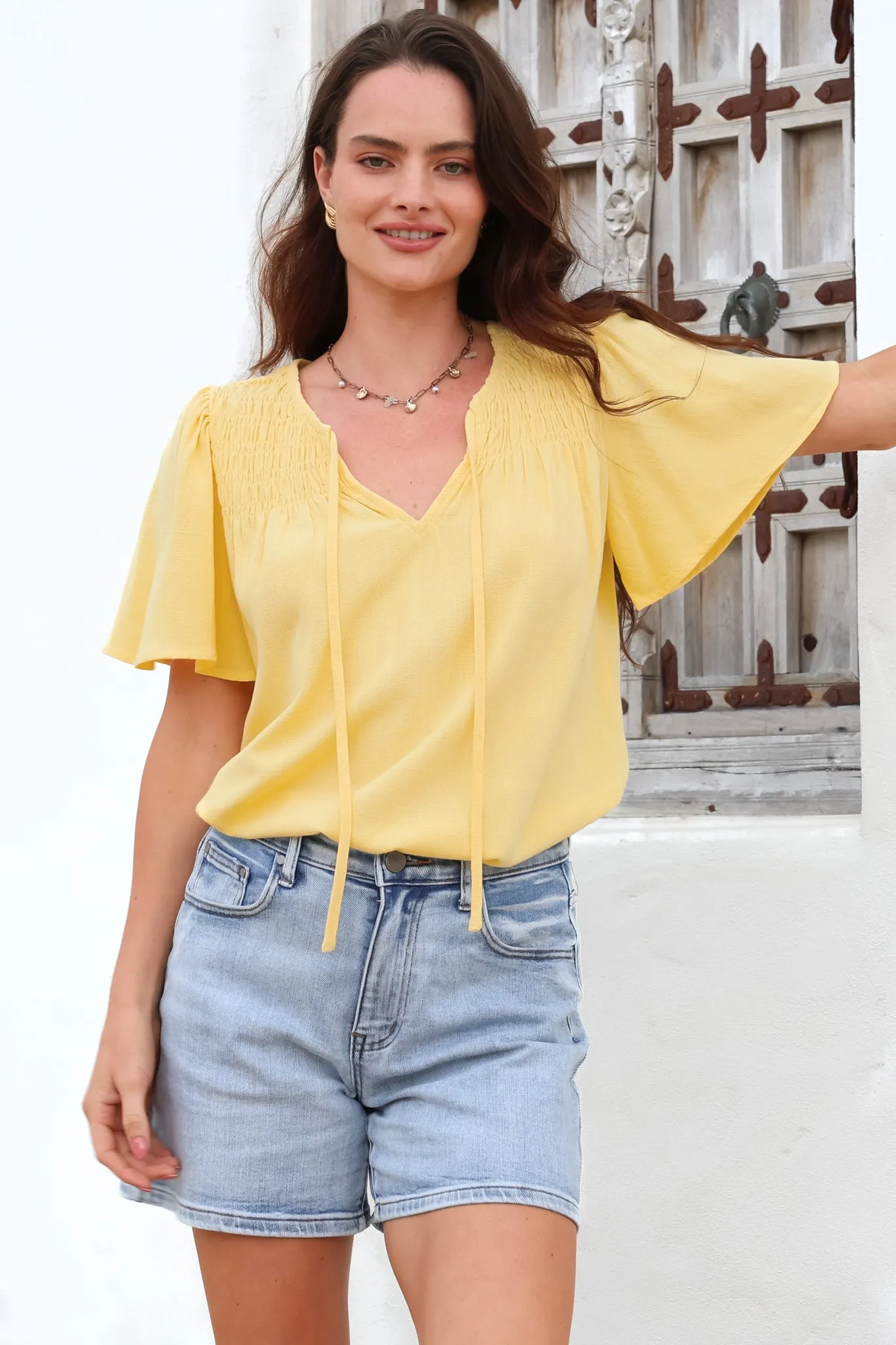 Kendra Top- V Neck Short Sleeve Top with Necktie in Lemon sold by Salty Crush product image thumbnail 4