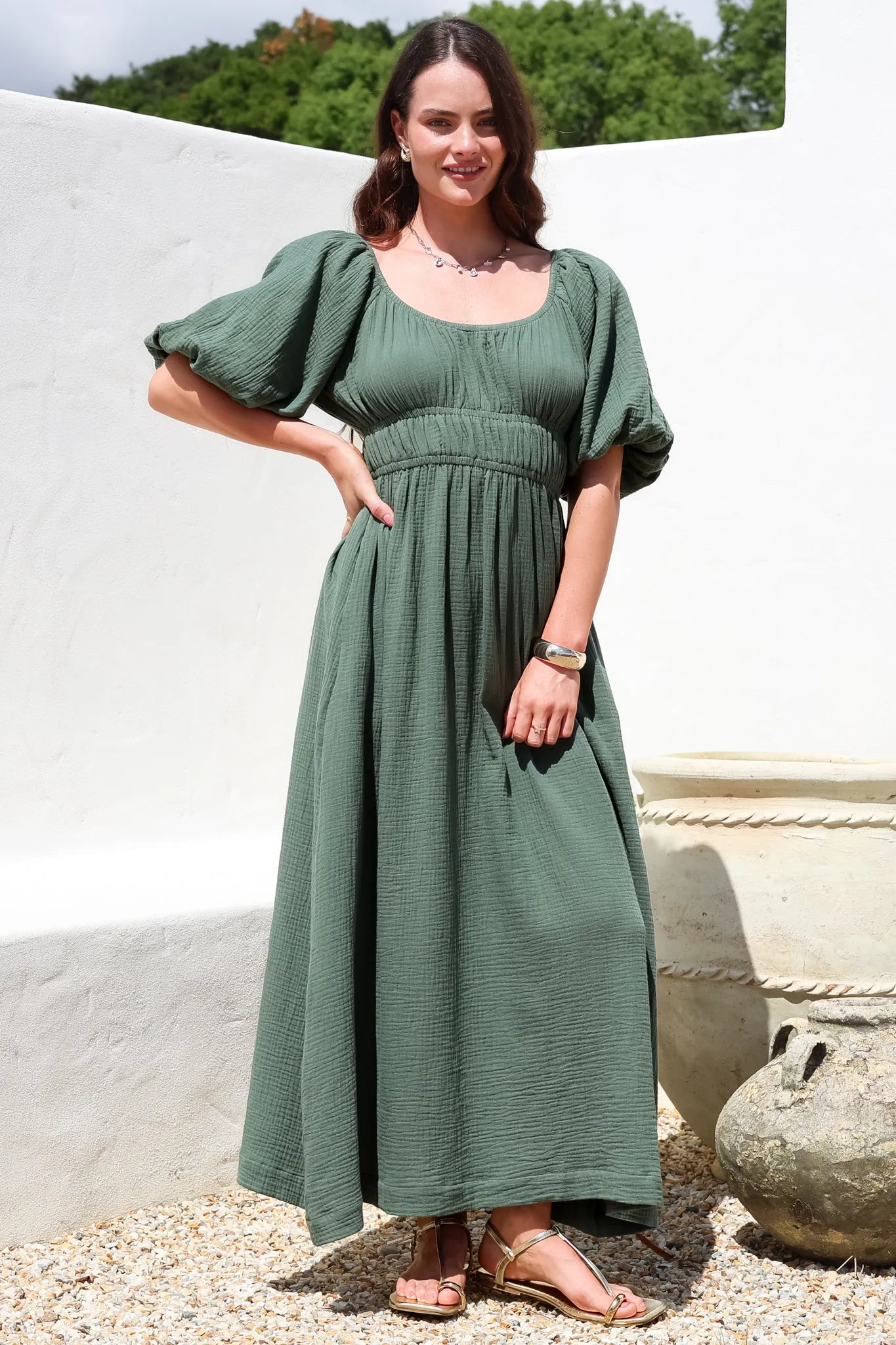 Teddie Maxi Dress - On or Off Shoulder Gathered Waist A-Line Dress in Emerald sold by Salty Crush product image thumbnail 2
