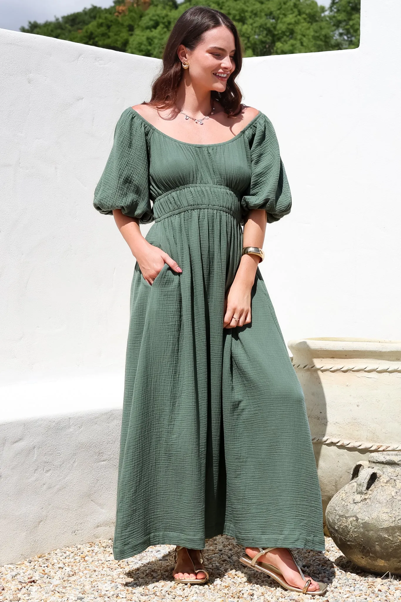 Teddie Maxi Dress - On or Off Shoulder Gathered Waist A-Line Dress in Emerald sold by Salty Crush product image thumbnail 5