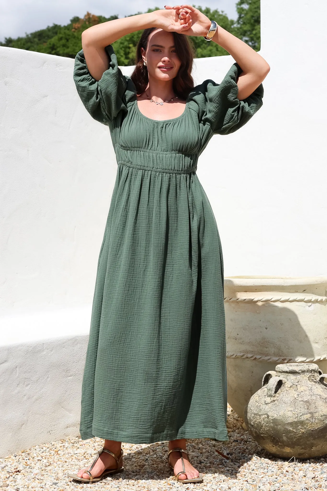 Teddie Maxi Dress - On or Off Shoulder Gathered Waist A-Line Dress in Emerald sold by Salty Crush product image thumbnail 4