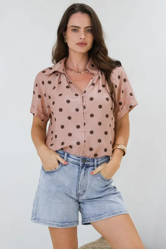 Yohanna Blouse - Collared Button Down in Pacey Spot Pink sold by Salty Crush