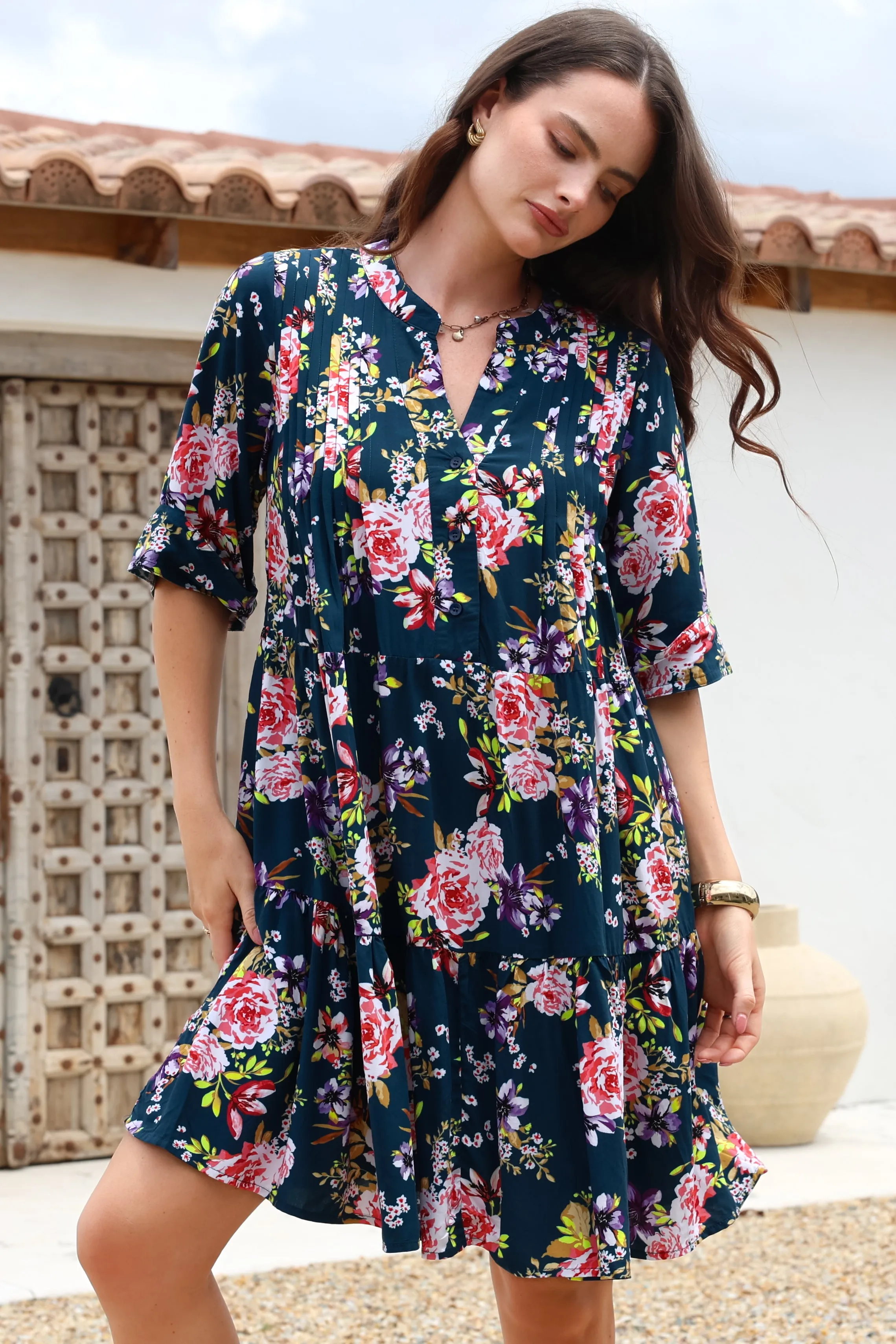 Evie Mini Dress - 3/4 Sleeve Tiered Smock Dress in Virginia Print Navy sold by Salty Crush