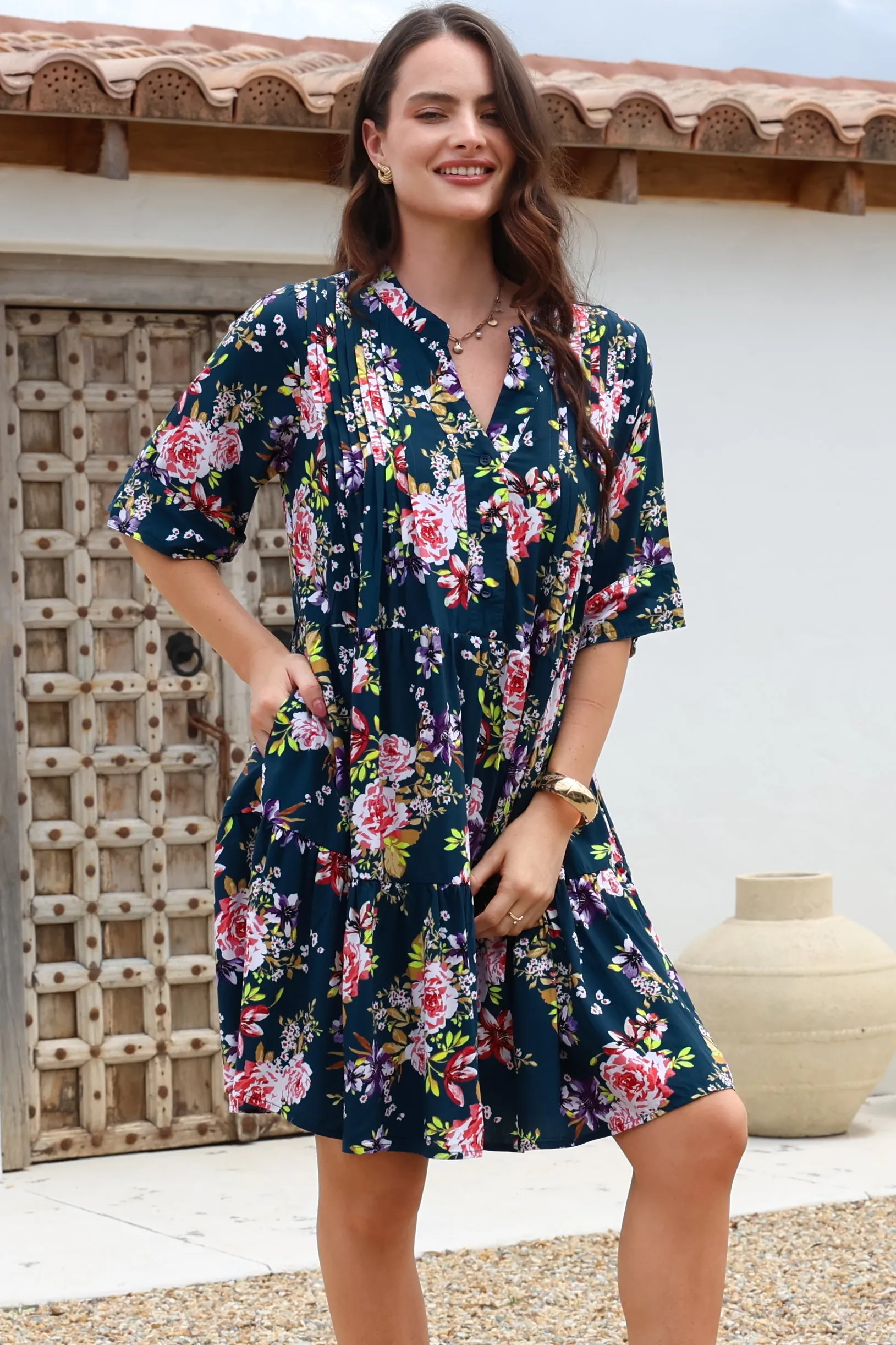Evie Mini Dress - 3/4 Sleeve Tiered Smock Dress in Virginia Print Navy sold by Salty Crush product image thumbnail 2