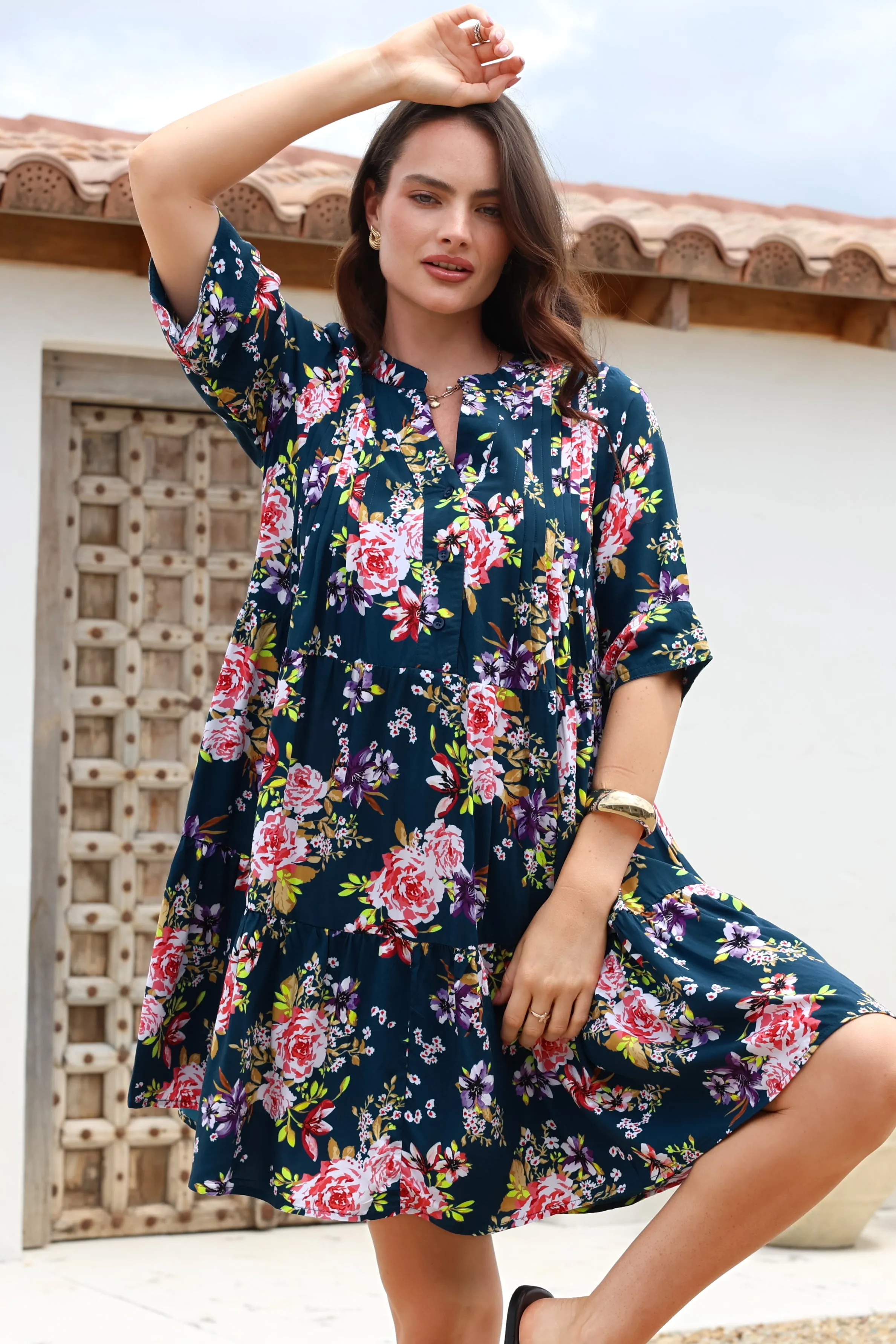 Evie Mini Dress - 3/4 Sleeve Tiered Smock Dress in Virginia Print Navy sold by Salty Crush product image thumbnail 5