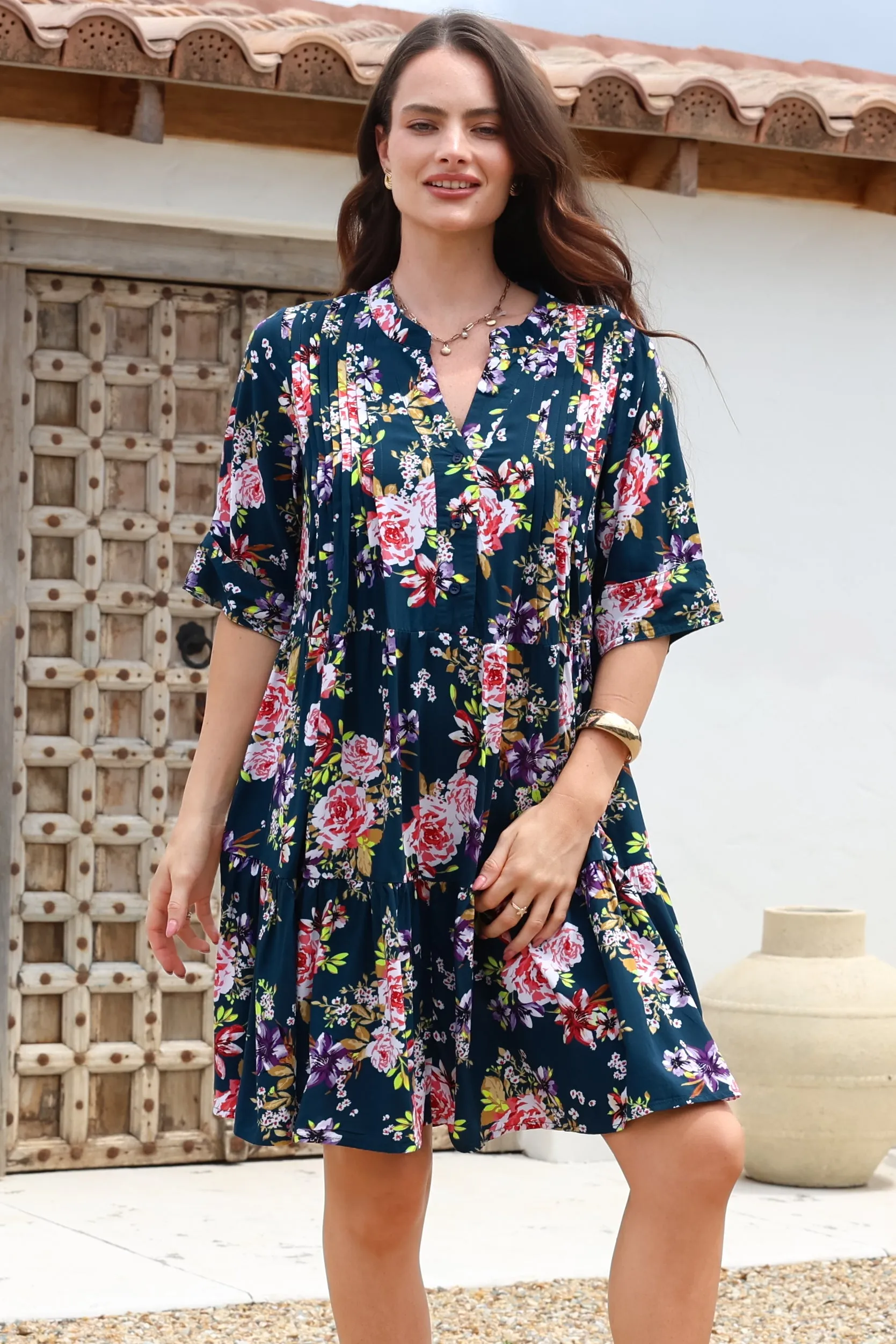 Evie Mini Dress - 3/4 Sleeve Tiered Smock Dress in Virginia Print Navy sold by Salty Crush product image thumbnail 3