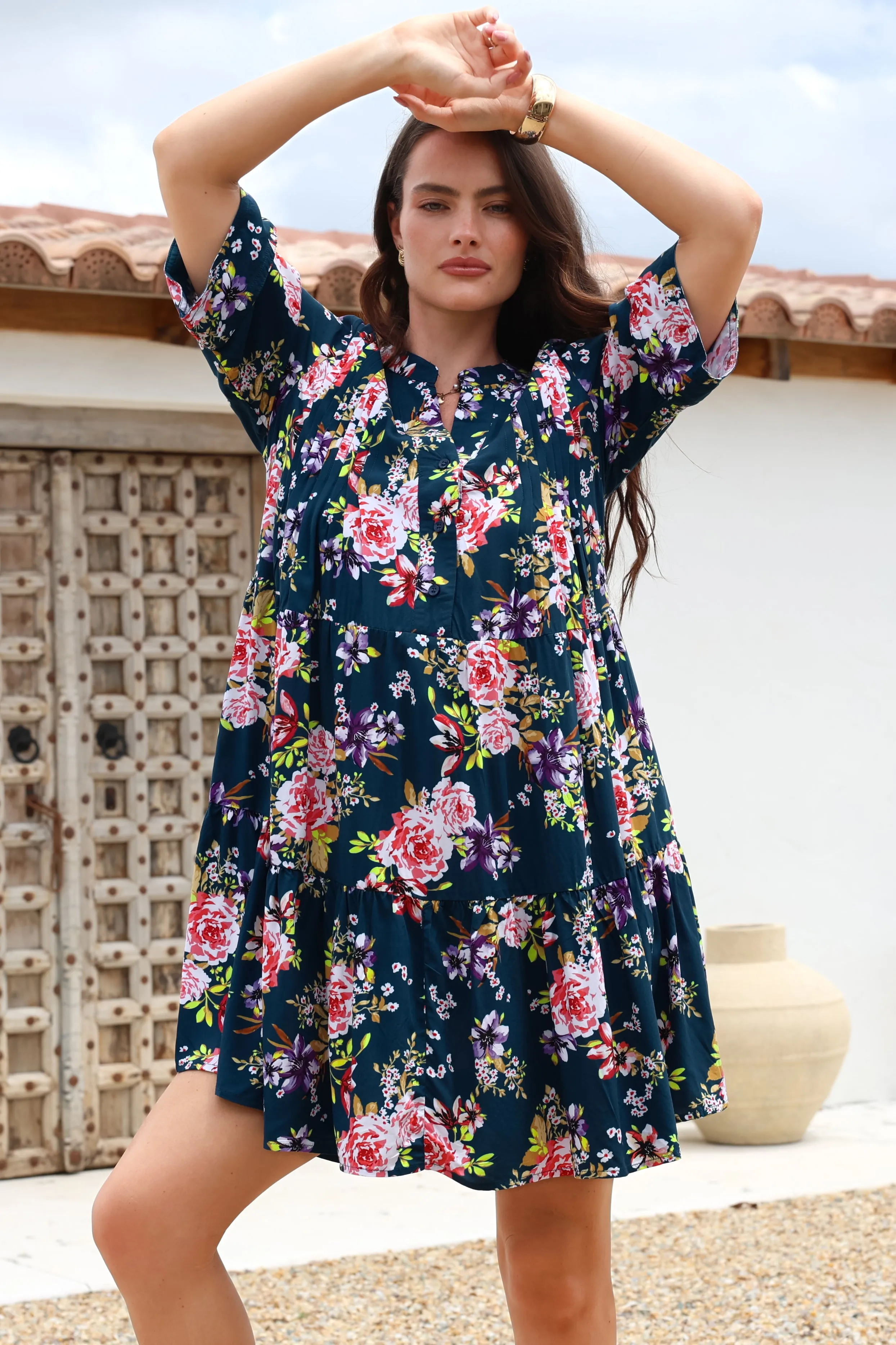 Evie Mini Dress - 3/4 Sleeve Tiered Smock Dress in Virginia Print Navy sold by Salty Crush product image thumbnail 4