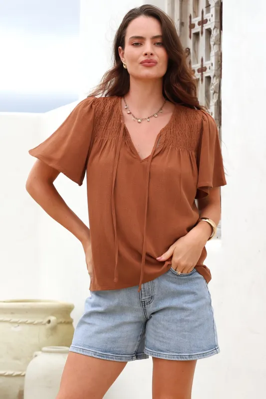 Kendra Top- V Neck Short Sleeve Top with Necktie in Tan sold by Salty Crush