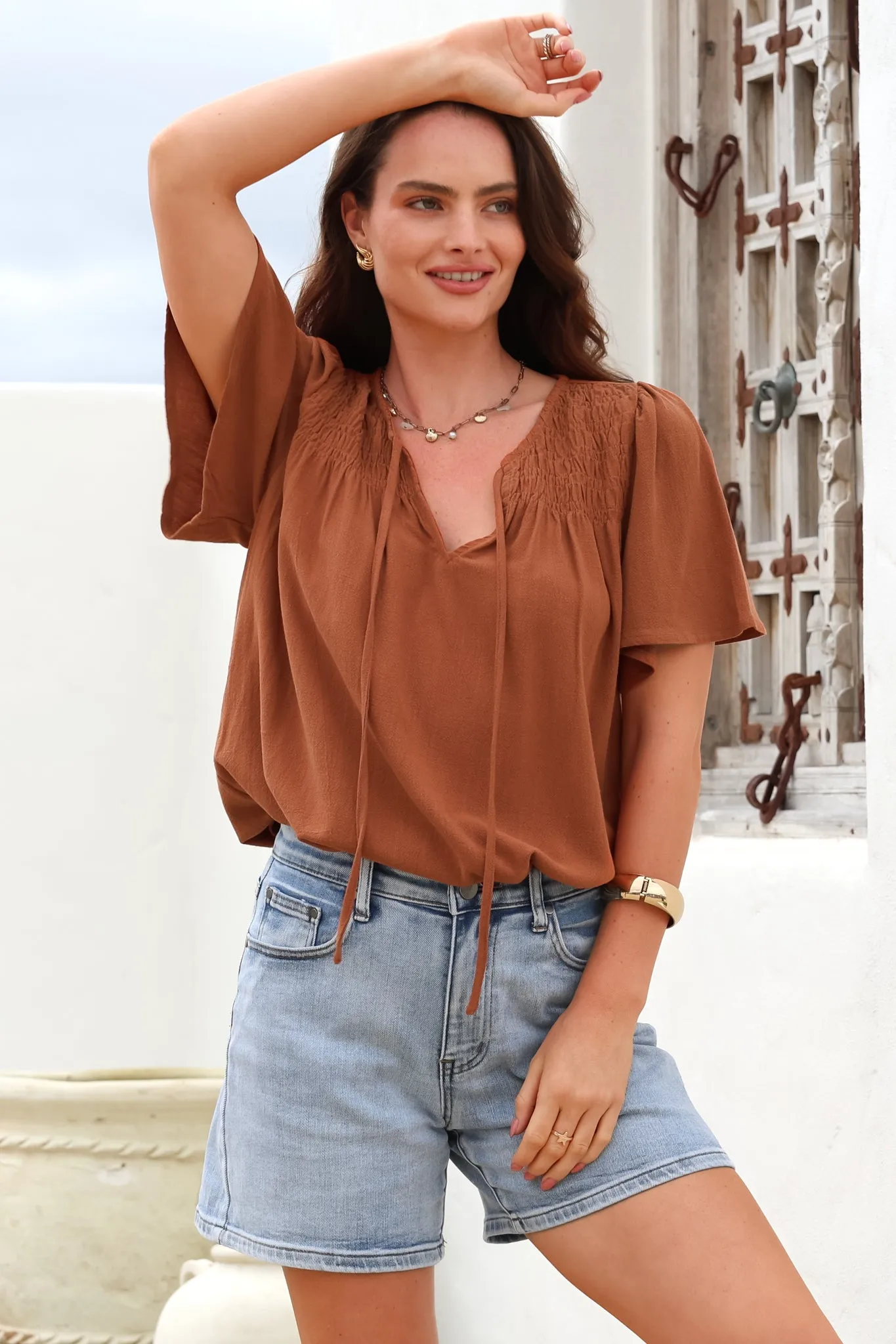 Kendra Top- V Neck Short Sleeve Top with Necktie in Tan sold by Salty Crush product image thumbnail 2