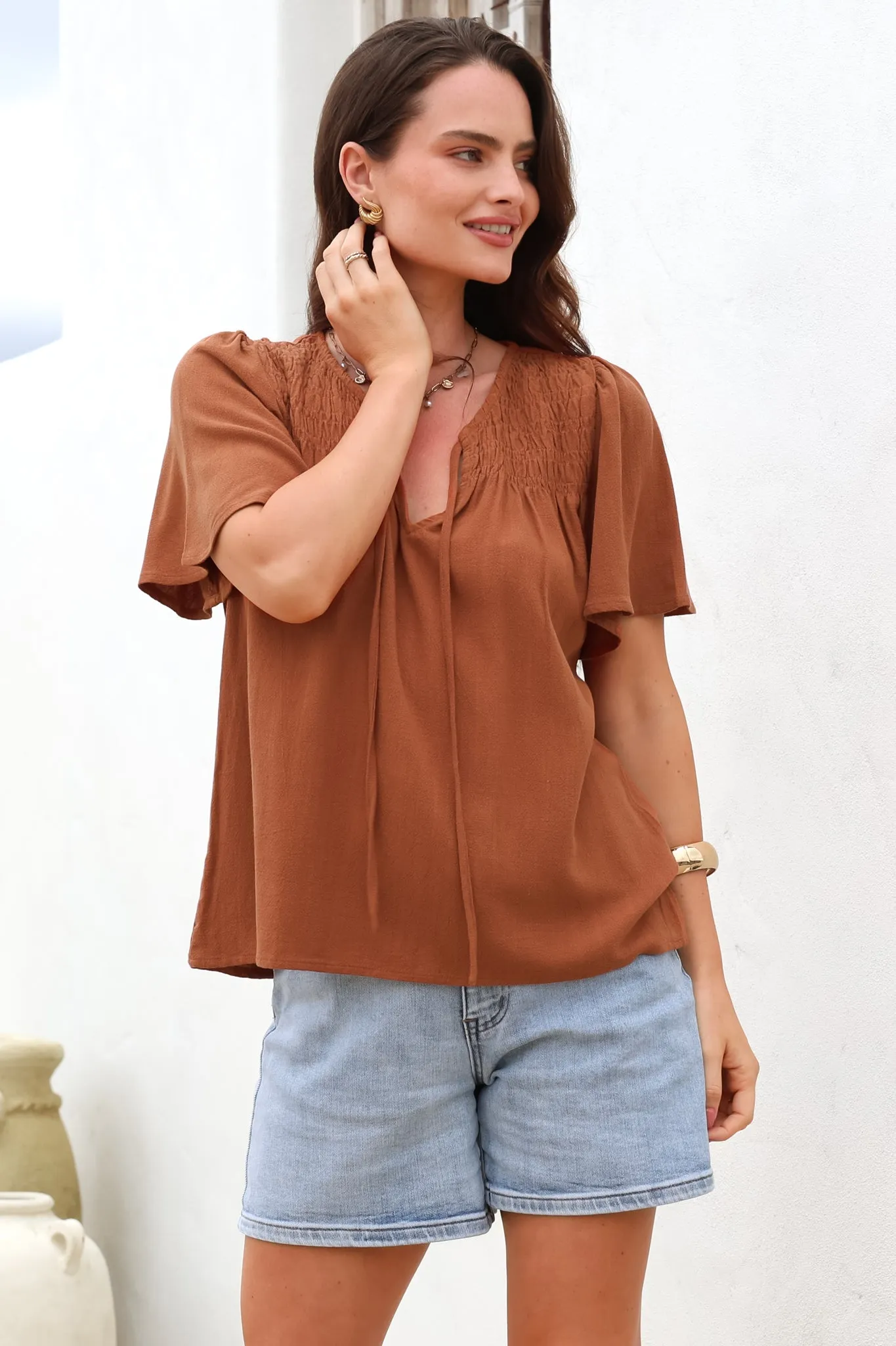 Kendra Top- V Neck Short Sleeve Top with Necktie in Tan sold by Salty Crush product image thumbnail 4