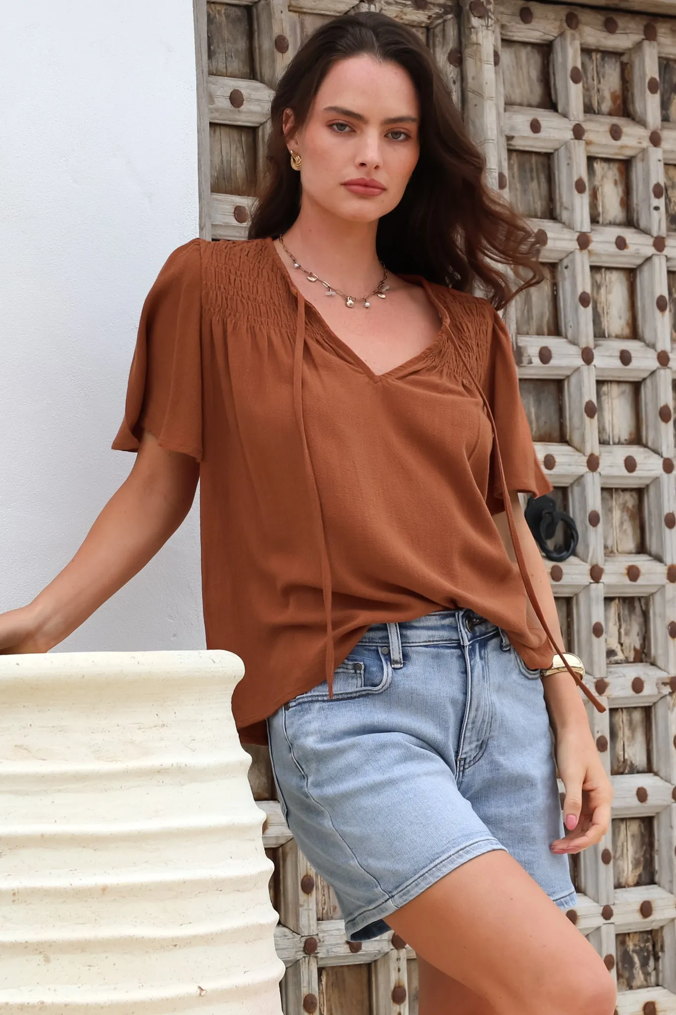 Kendra Top- V Neck Short Sleeve Top with Necktie in Tan sold by Salty Crush product image thumbnail 5