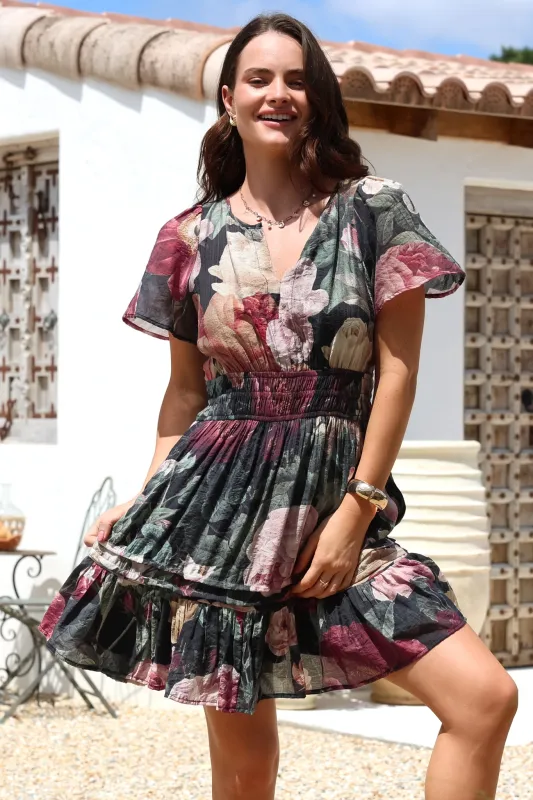 Payton Mini Dress - Pleat Detailed A-Line Dress with Cap Flutter Sleeves in Annalisa Print sold by Salty Crush