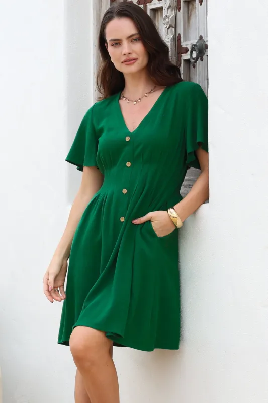 Stellar Mini Dress - Flutter Sleeve A-Line Dress with Pin Tuck Waist Detail in Green sold by Salty Crush