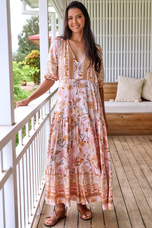 Tessa Maxi Dress - A Line Pull Tie Waist Dress in Peach Dahlia Print sold by Salty Crush