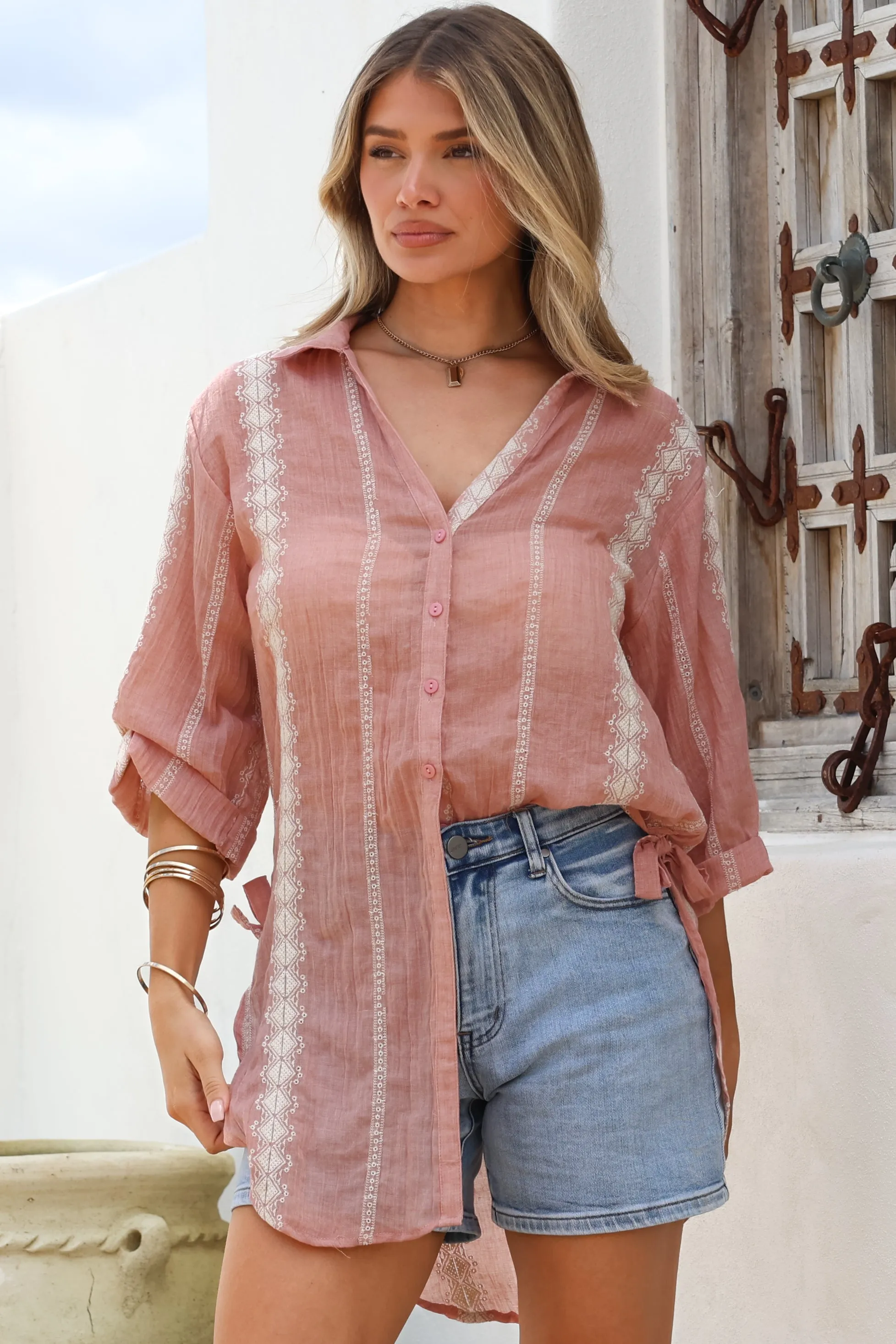 Beachly Embroidered Shirt - Collared Button Down Oversized Shirt in Pink sold by Salty Crush product image thumbnail 3