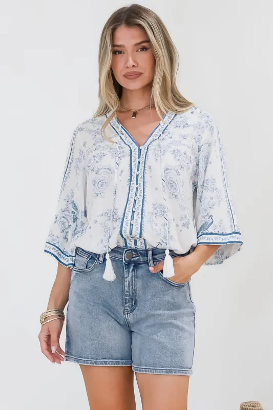 Elysia Blouse - Deep V Neck Button Down 3/4 Sleeve Top in Josie Print sold by Salty Crush