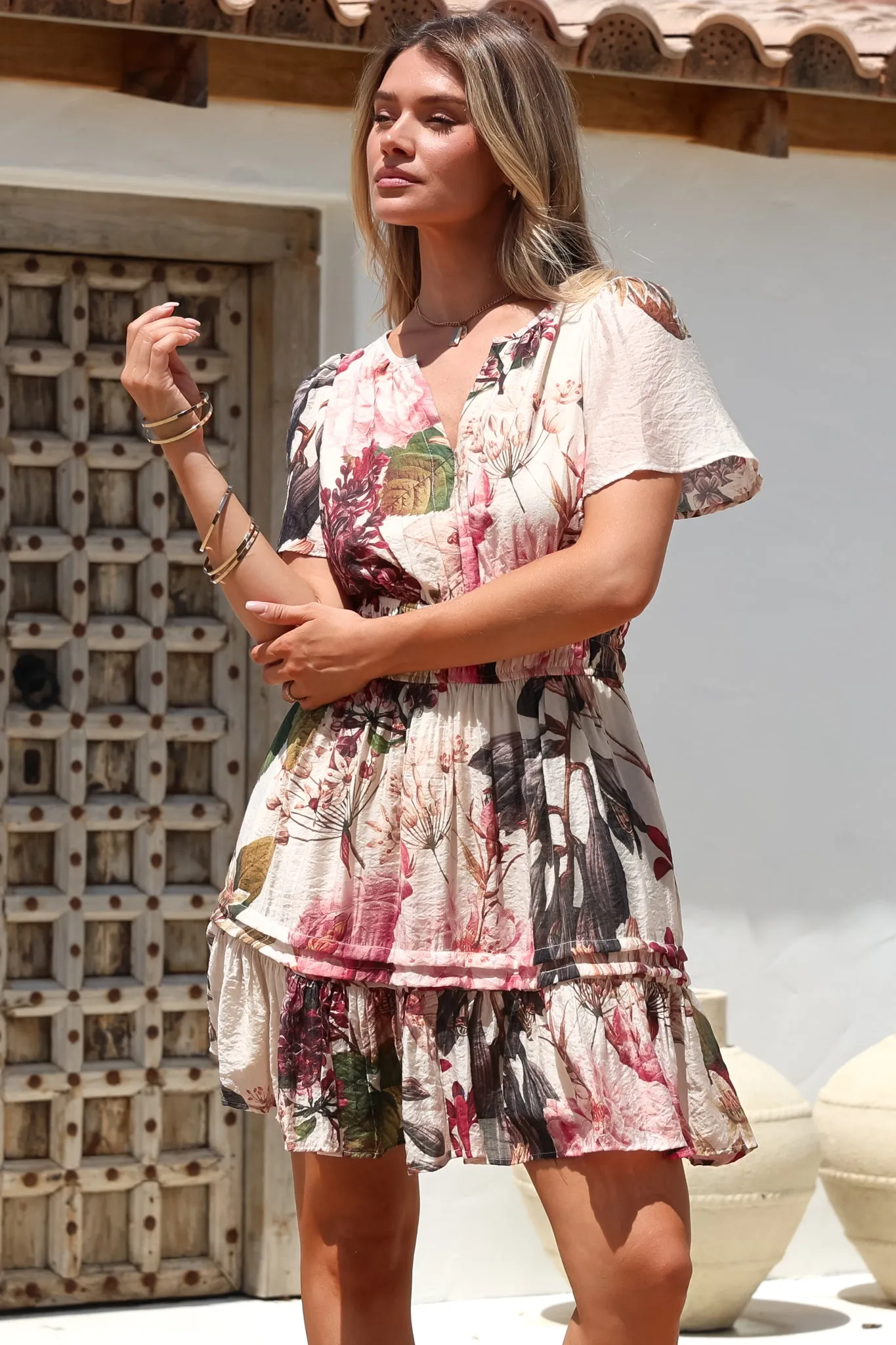 Payton Mini Dress - Pleat Detailed A-Line Dress with Cap Flutter Sleeves in Leonor Print sold by Salty Crush product image thumbnail 5