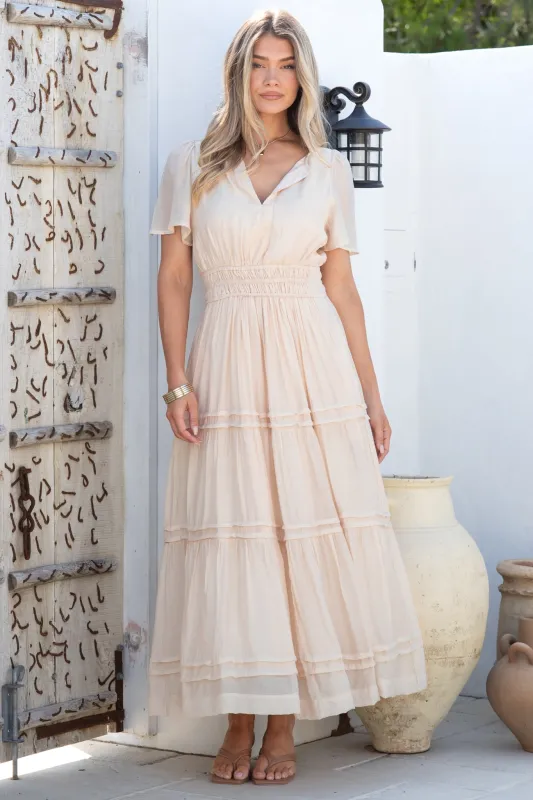 Payton Maxi Dress - Pleat Detailed A-Line Dress with Cap Flutter Sleeves in Beige sold by Salty Crush