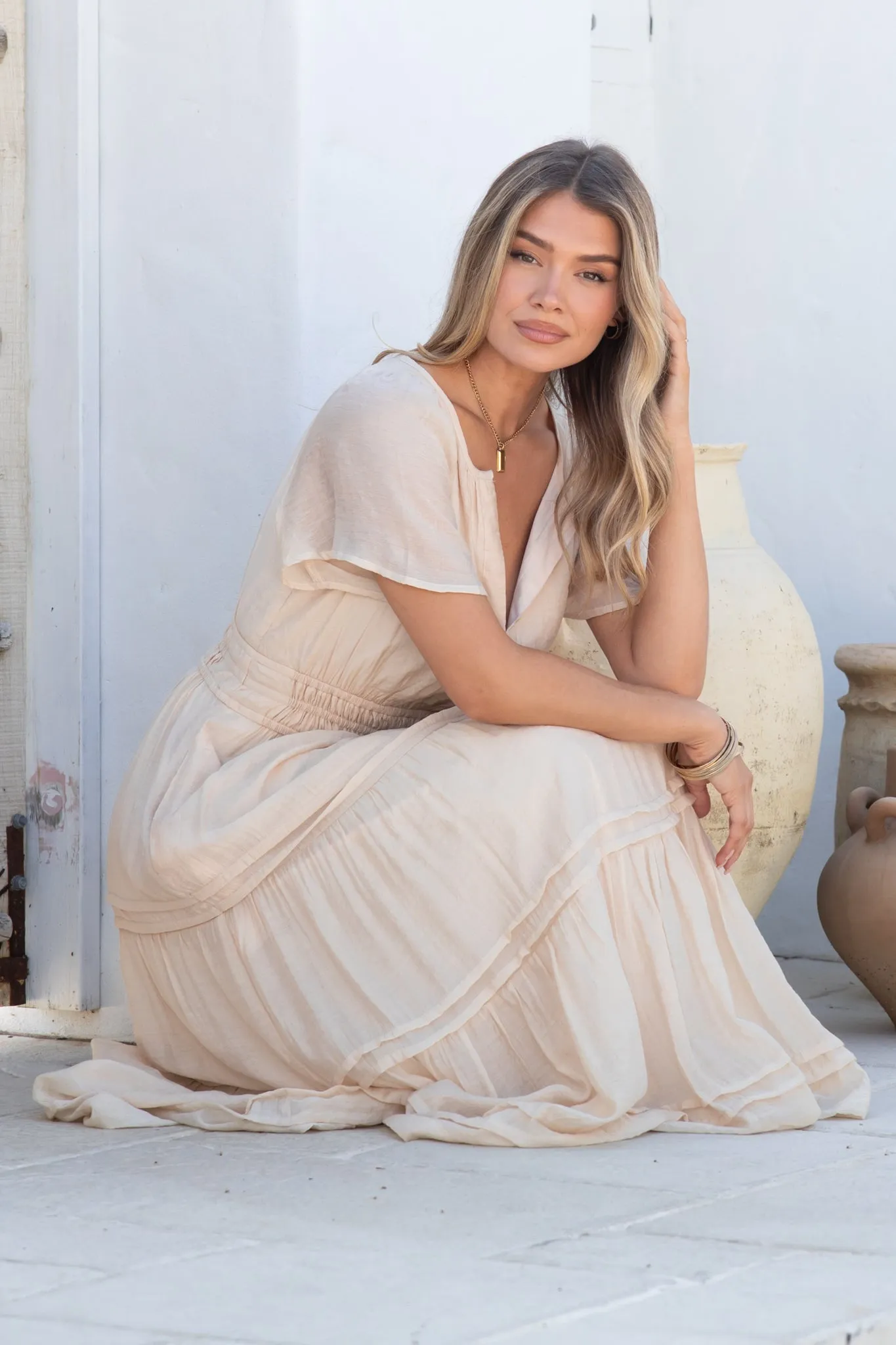 Payton Maxi Dress - Pleat Detailed A-Line Dress with Cap Flutter Sleeves in Beige sold by Salty Crush product image thumbnail 4