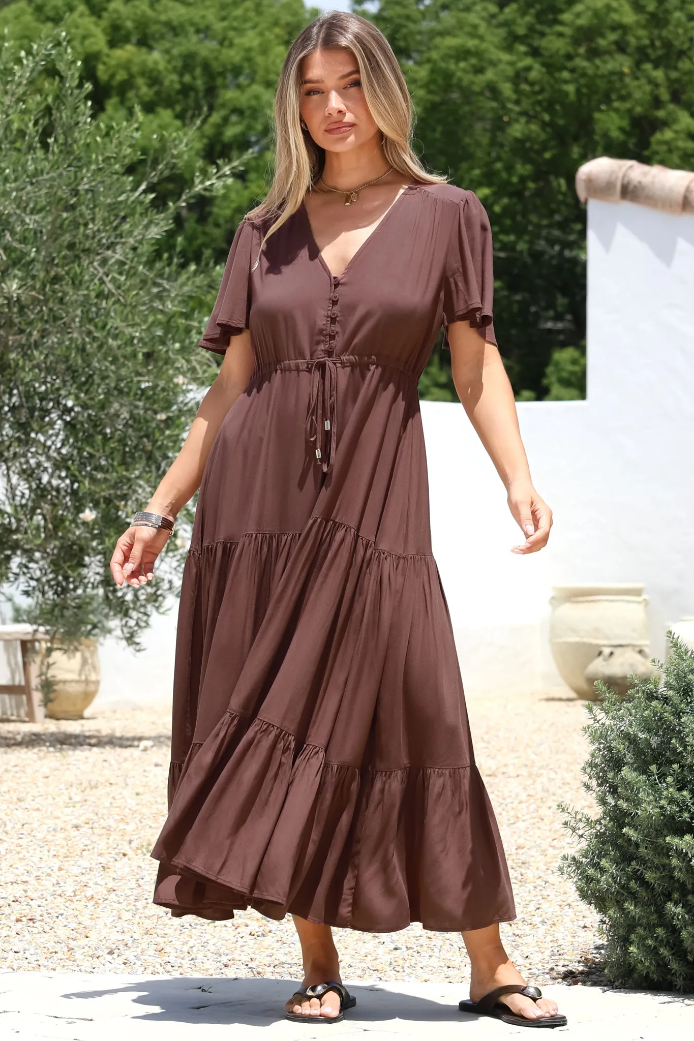 Anya Maxi Dress - Flutter Cap Sleeve Pull Tie Waist Dress in Chocolate sold by Salty Crush product image thumbnail 2