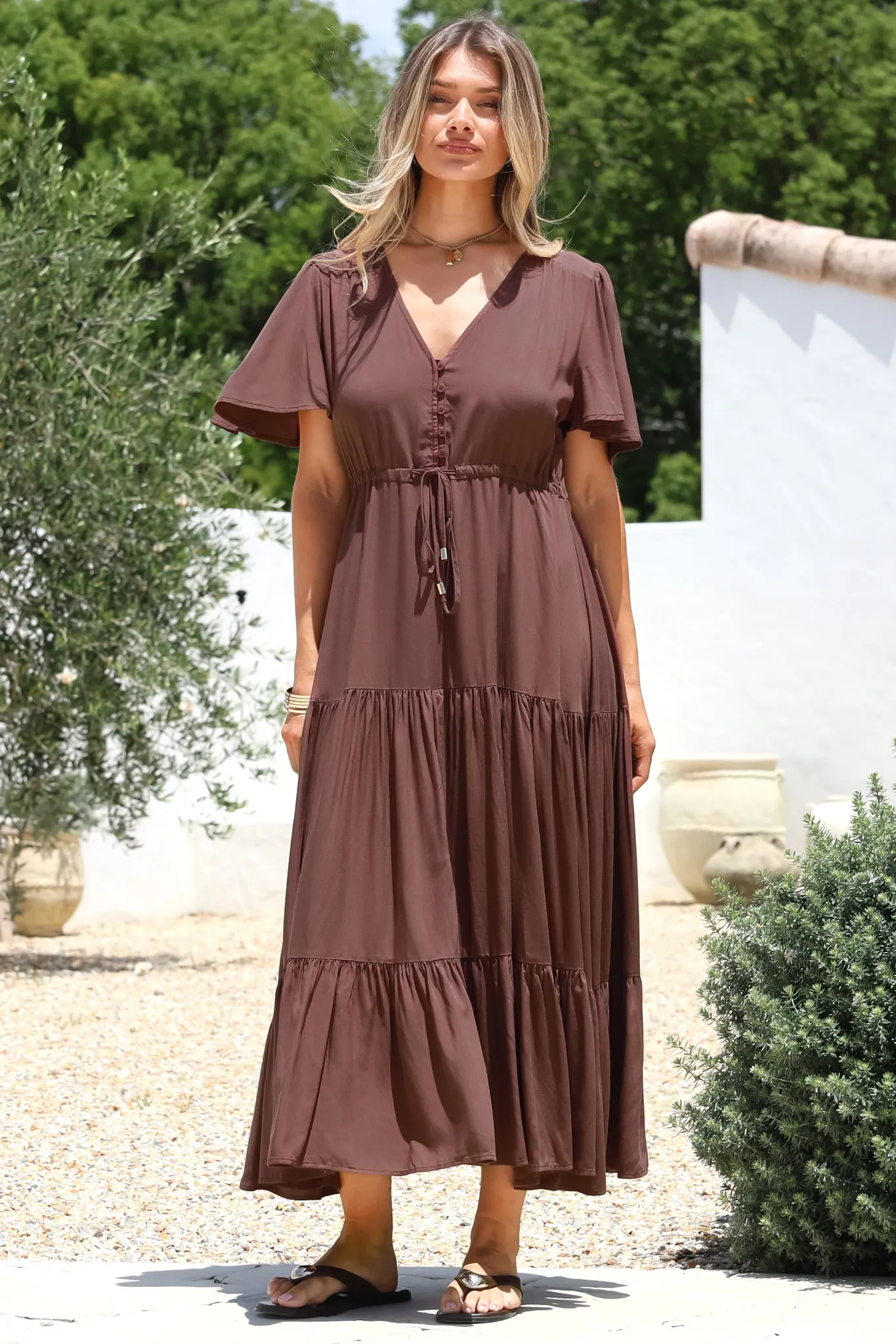 Anya Maxi Dress - Flutter Cap Sleeve Pull Tie Waist Dress in Chocolate sold by Salty Crush product image thumbnail 5