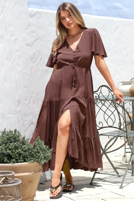 Anya Maxi Dress - Flutter Cap Sleeve Pull Tie Waist Dress in Chocolate sold by Salty Crush