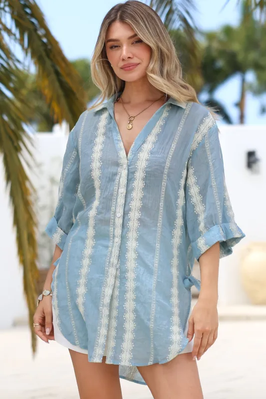 Beachly Embroidered Shirt - Collared Button Down Oversized Shirt in Blue sold by Salty Crush