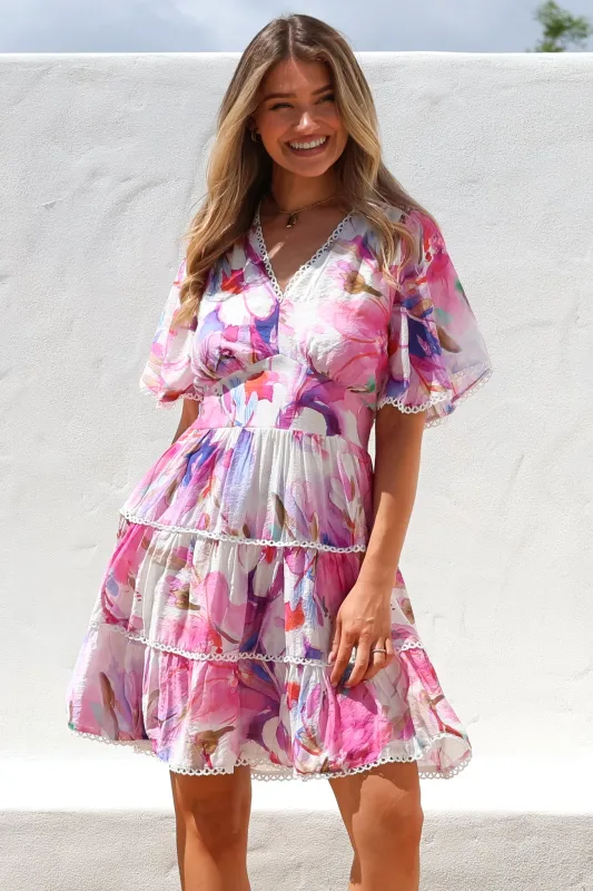 Nessie Mini Dress - Lace Trim Tiered Dress with Flutter Sleeves in Calliope Print Pink sold by Salty Crush