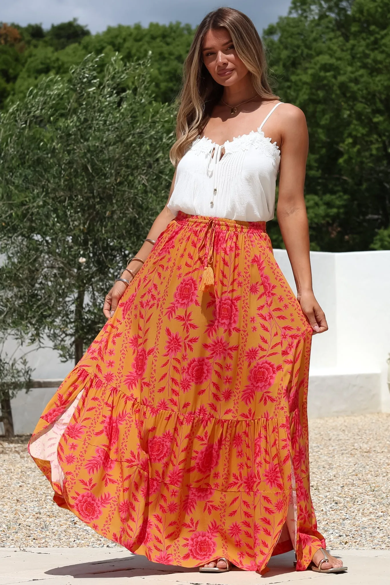 Zia Maxi Skirt - High Waisted Skirt with Tassel Waist Tie and Front Splits in Betsey Print sold by Salty Crush