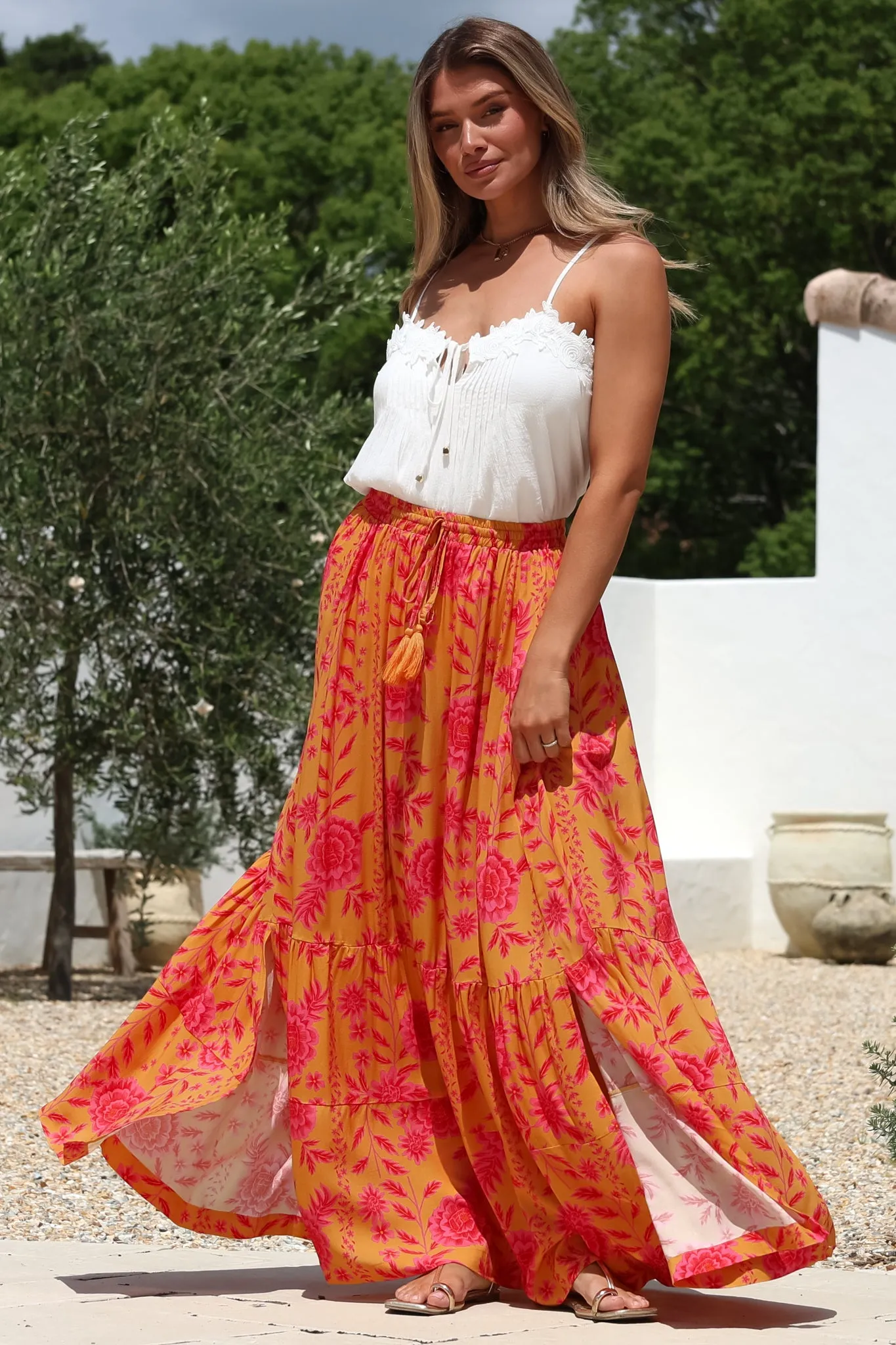 Zia Maxi Skirt - High Waisted Skirt with Tassel Waist Tie and Front Splits in Betsey Print sold by Salty Crush product image thumbnail 5