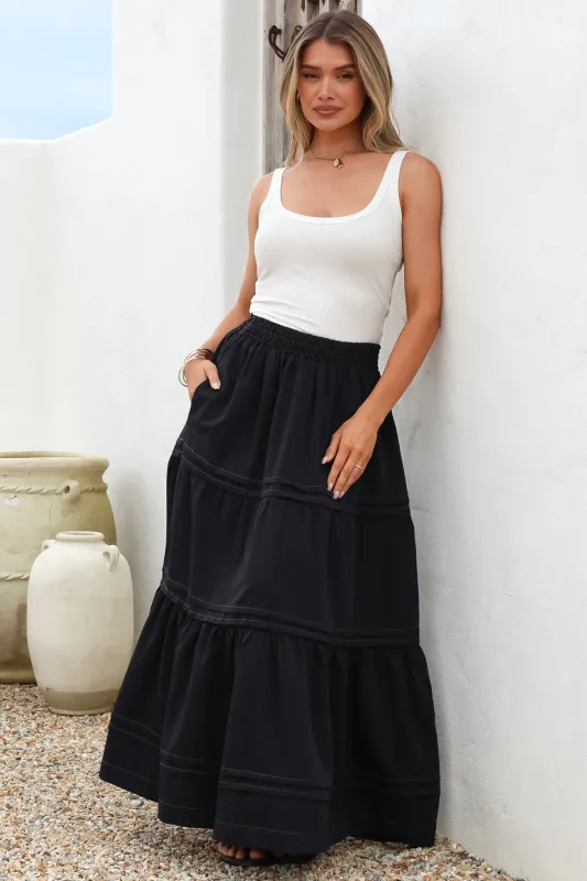 Rennie Maxi Skirt - Tiered Pleated Spliced Skirt with Contrast Stitch in Navy sold by Salty Crush