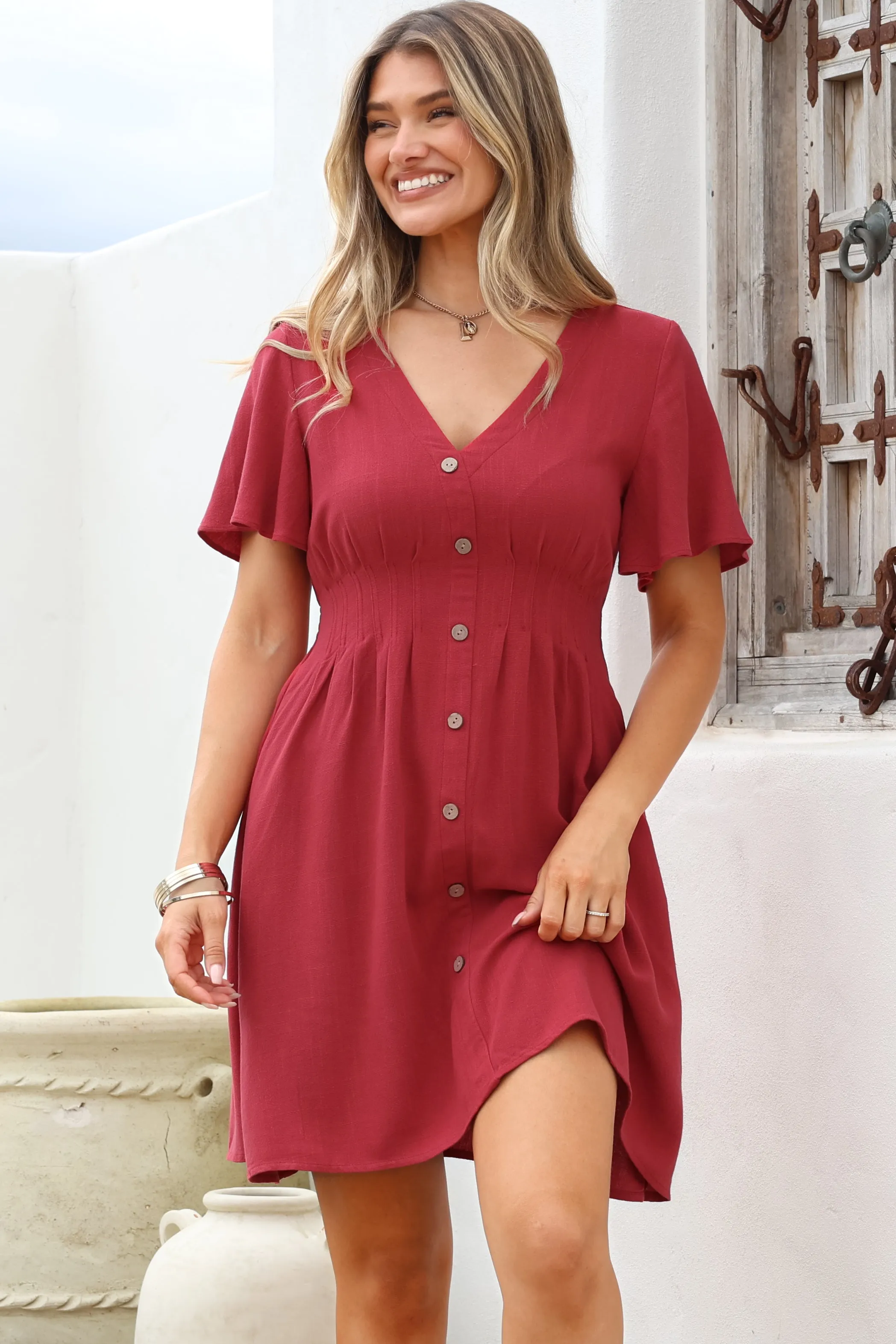 Stellar Mini Dress - Flutter Sleeve A-Line Dress with Pin Tuck Waist Detail in Red sold by Salty Crush product image thumbnail 2