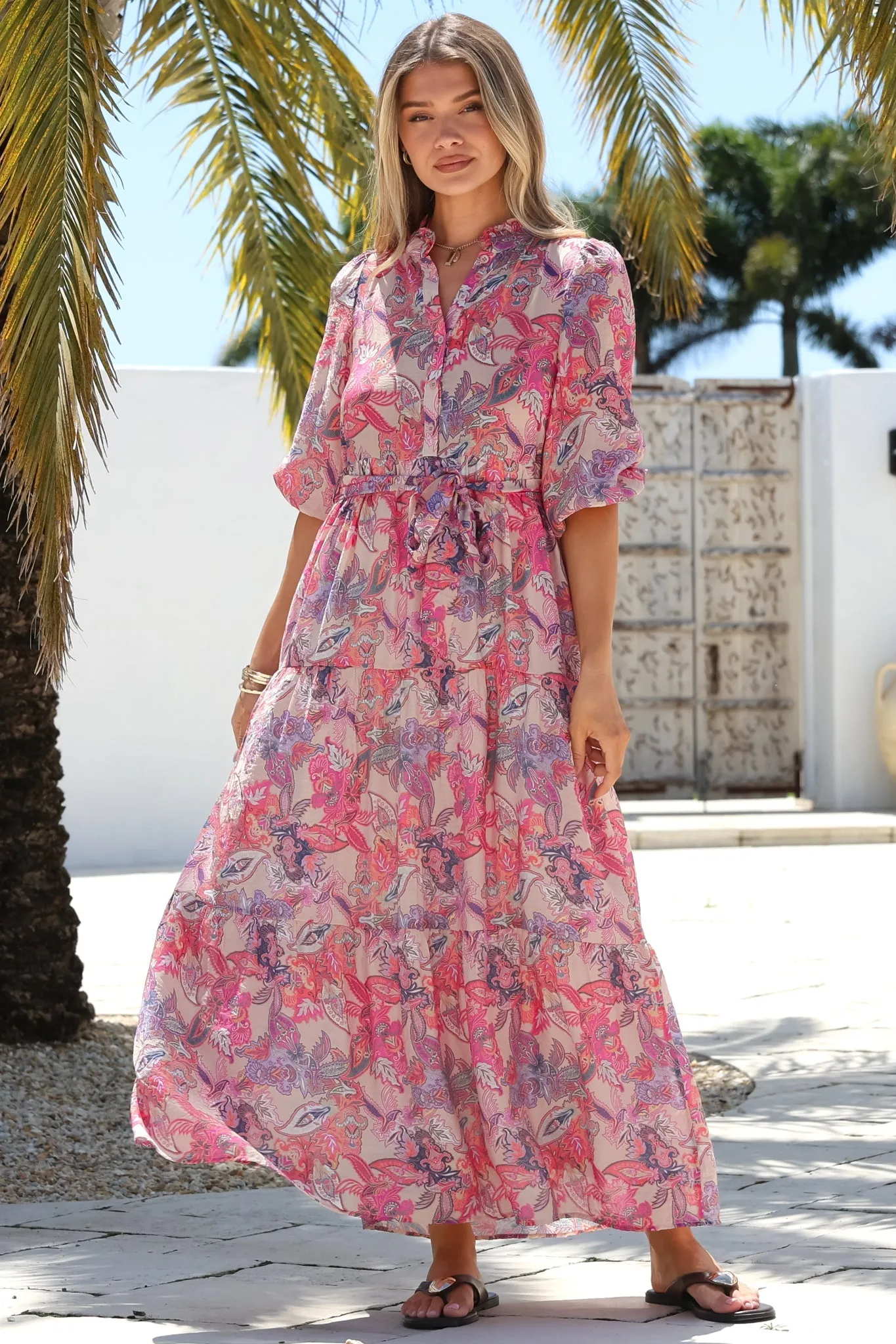Jenni Maxi Dress - Frill Collar 3/4 Sleeve Dress with Waist Tie in Hopewell Print Pink sold by Salty Crush