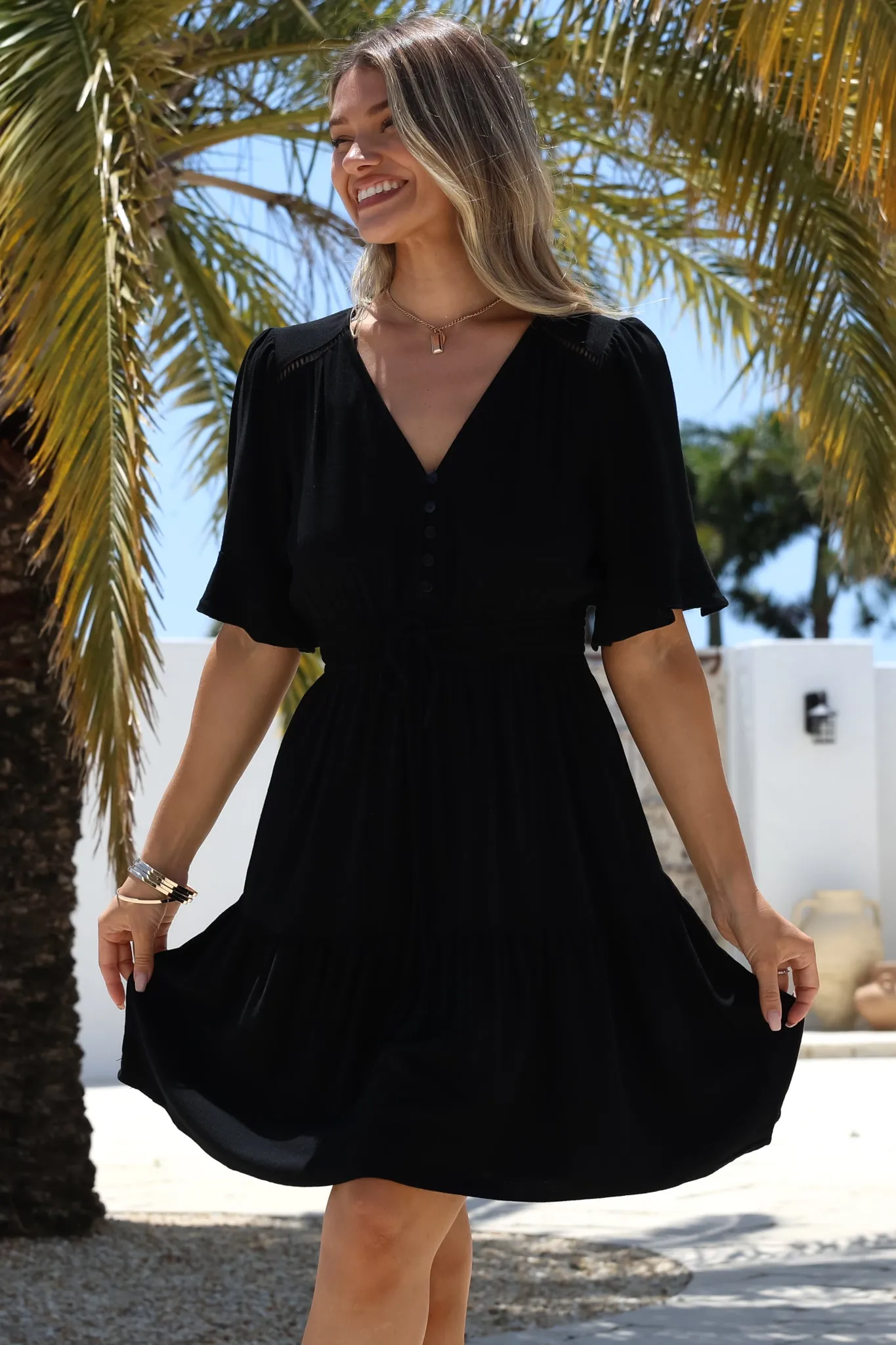Truese Mini Dress - A-Line Dress with Short Ruffle Sleeves in Black sold by Salty Crush product image thumbnail 2