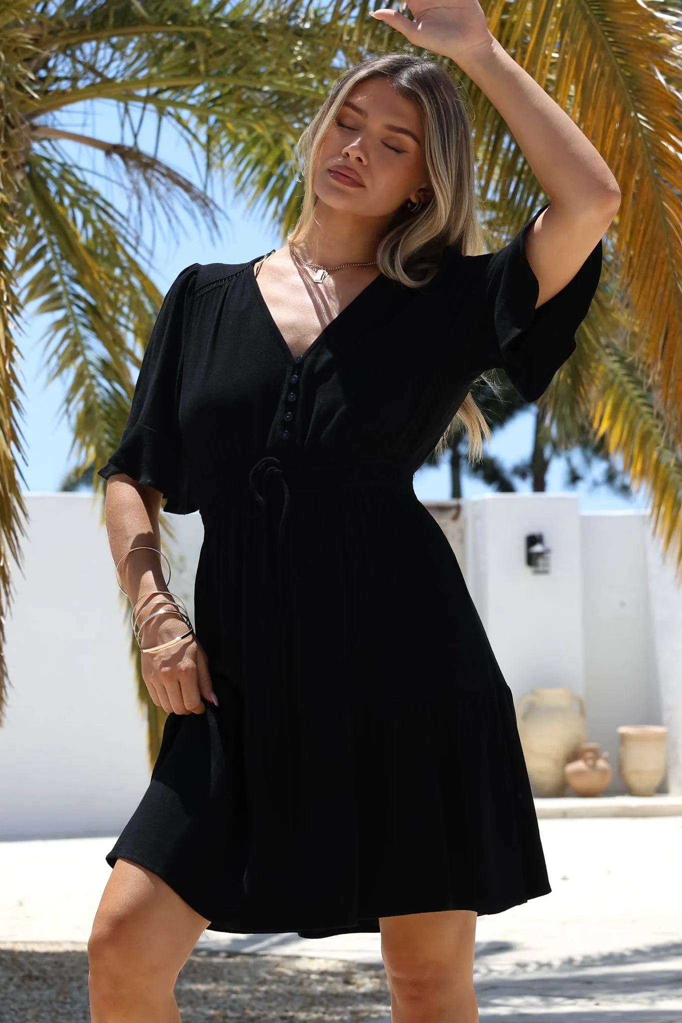 Truese Mini Dress - A-Line Dress with Short Ruffle Sleeves in Black sold by Salty Crush product image thumbnail 4